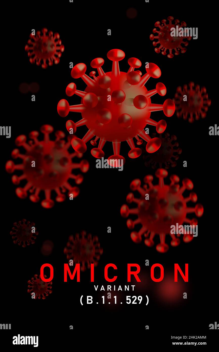 Omicron, eine Art Coronavirus. Omicron-Strain SARS-CoV-2. Vertikal. Stockfoto