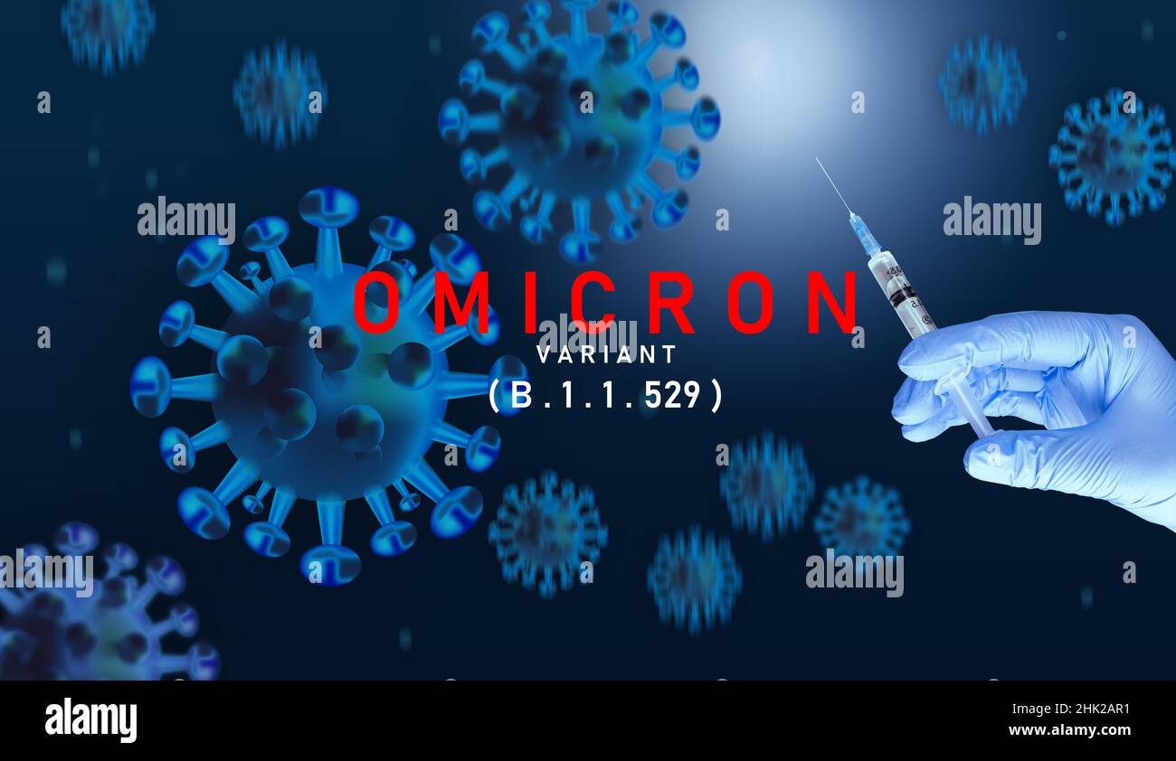 Omicron auf Bluе Hintergrund. Omicron Strain Covd 19. Stockfoto