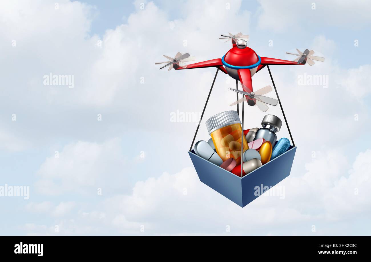 Drohnen-Medikamentenlieferung als modernes lebensrettendes medizinisches Verteilungskonzept für den Transport von fliegenden Quadrocoptern, die Medikamentenfracht liefern. Stockfoto
