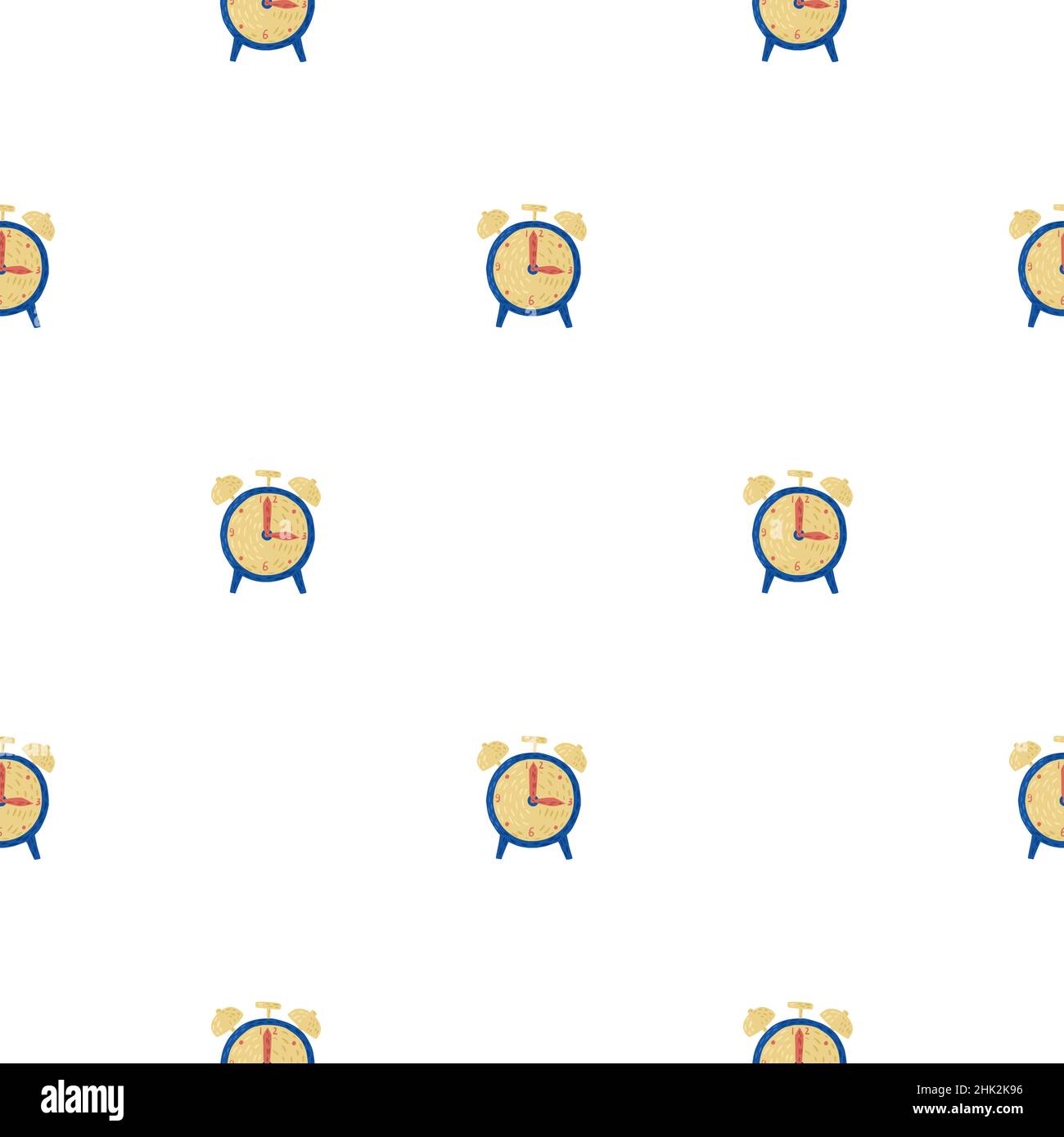 Isoliertes, nahtloses Doodle-Muster mit einfachen Stil-Silhouetten für Wecker. Weißer Hintergrund. Technologiedruck. Hervorragend geeignet für Stoffdesign, Textildruck Stock Vektor