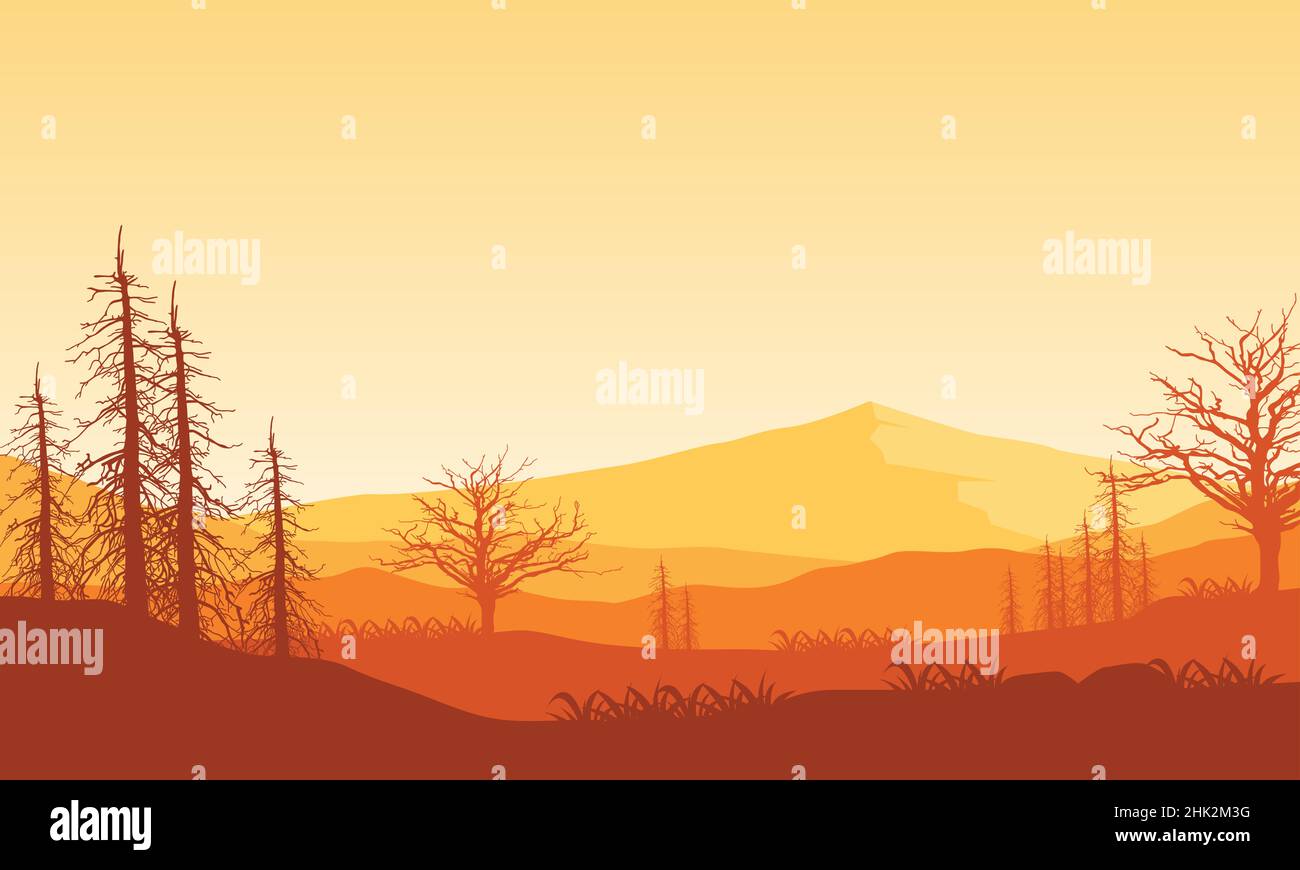 Realistischer Blick auf die Berge während des Tages mit trockenen Baum Silhouetten herum.Vektor-Illustration einer Stadt Stock Vektor