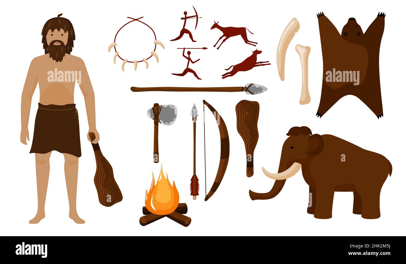 neandertaler einstellen. Verschiedene Werkzeuge für Höhlenhammer, Axt, Speer, Bogen, Pfeil, Stock, Kette, Knochen, Lagerfeuer, Tier, Mammut prähistorische Periode Männer i Stock Vektor