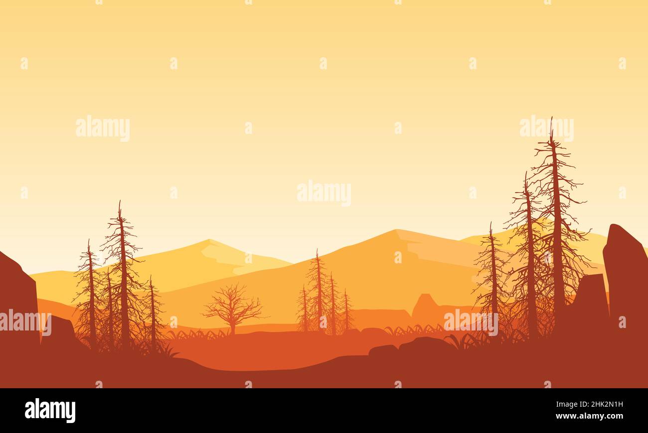 Panorama der Berge mit fantastischen trockenen Baum Silhouetten der Landschaft bei Tag.Vektor-Illustration einer Stadt Stock Vektor