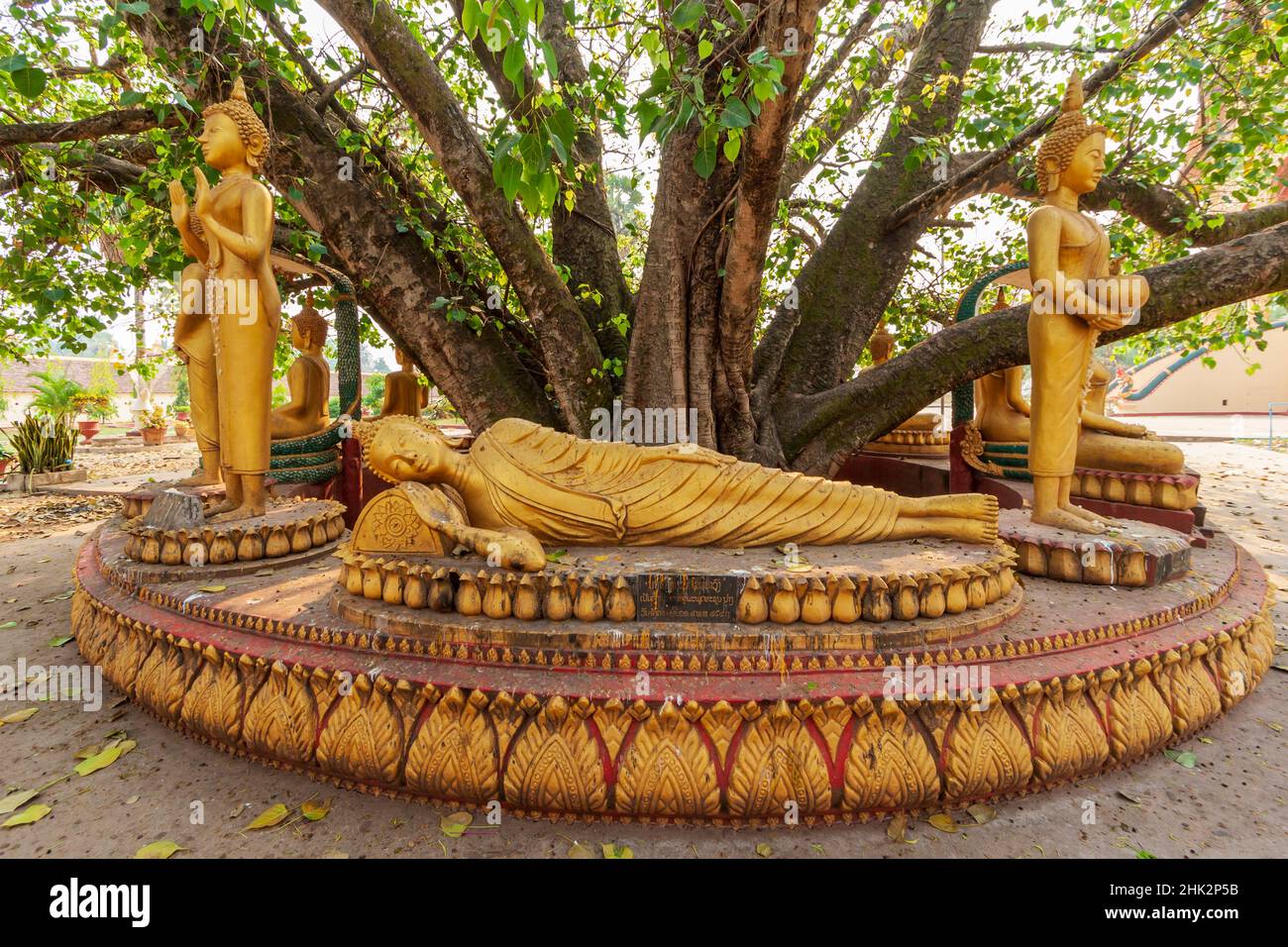 Buddhistische Statuen um Pha, die Luang, (große Stupa in Lao) ist eine buddhistische Stupa, Vientiane, der Hauptstadt von Laos, Südostasien Stockfoto