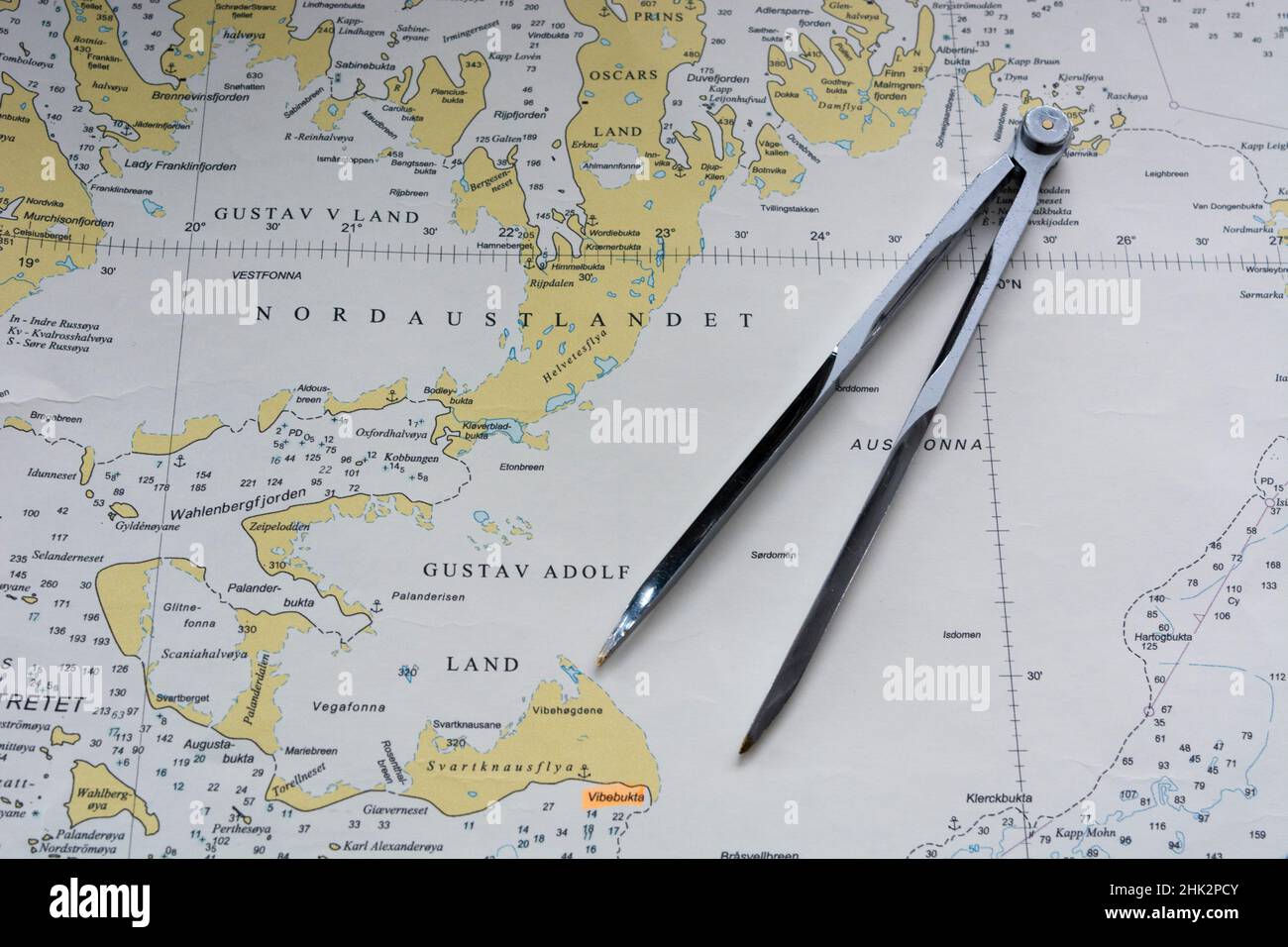 Seekarte der Svalbard-Inseln. Stockfoto Seekarte der Svalbard-Inseln. Stockfoto