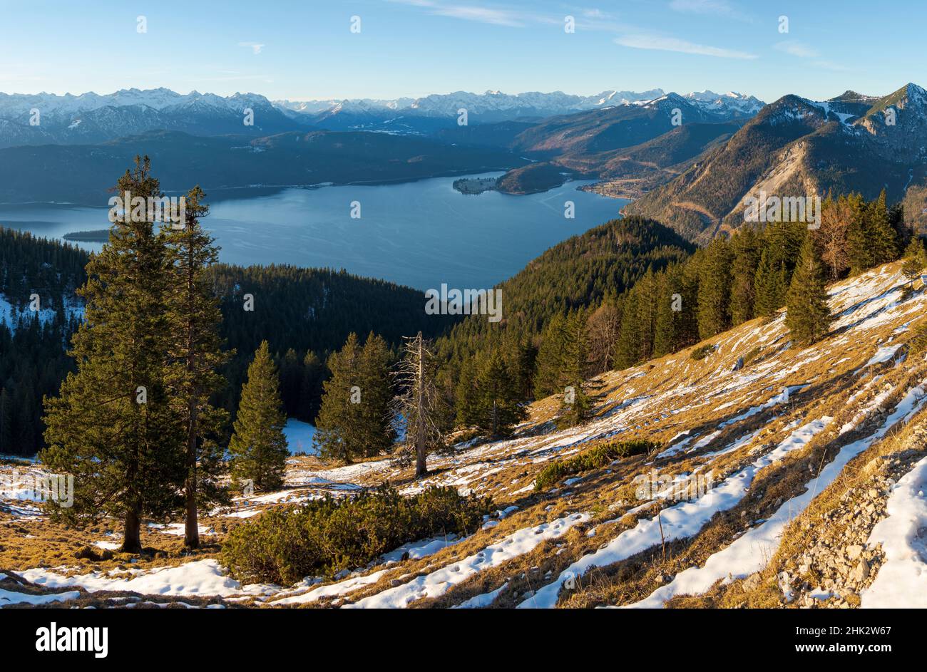 Blick vom Mt. Jochberg am Walchensee in Richtung Walchensee, Wettersteingebirge und Karwendelgebirge. Deutschland, Bayern Stockfoto