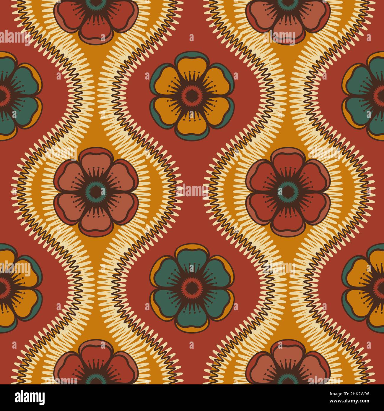 Florale Tapeten inspiriert von Retro 60s 70s Tapeten und Stoffen, nahtlose Vektor-Muster. Ogee Formen und stilisierte Blumen, Vektor-Illustration. Stock Vektor