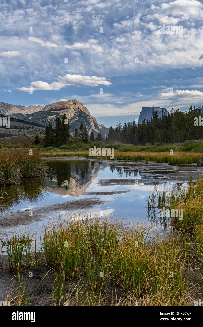 USA, Wyoming. White Rock Mountain und Squaretop Peak über dem Feuchtgebiet des Green River und den Wind River Mountains Stockfoto