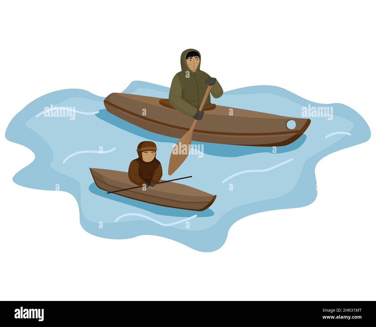 Zusammensetzung traditionelle Eskimo Mann und Kind schwimmenden Kajak mit Paddel isoliert auf weißem Hintergrund. Mann trainiert Schwimmer Kind auf dem Boot. Flache Cartoon vec Stock Vektor