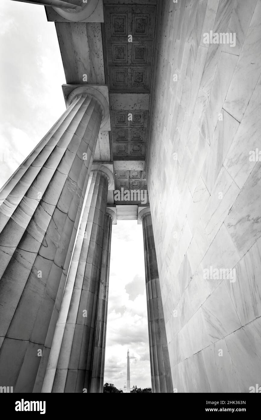 Schwarz-weißer Capitol Dome, Washington Monument vom Lincoln Memorial, Washington DC. Stockfoto