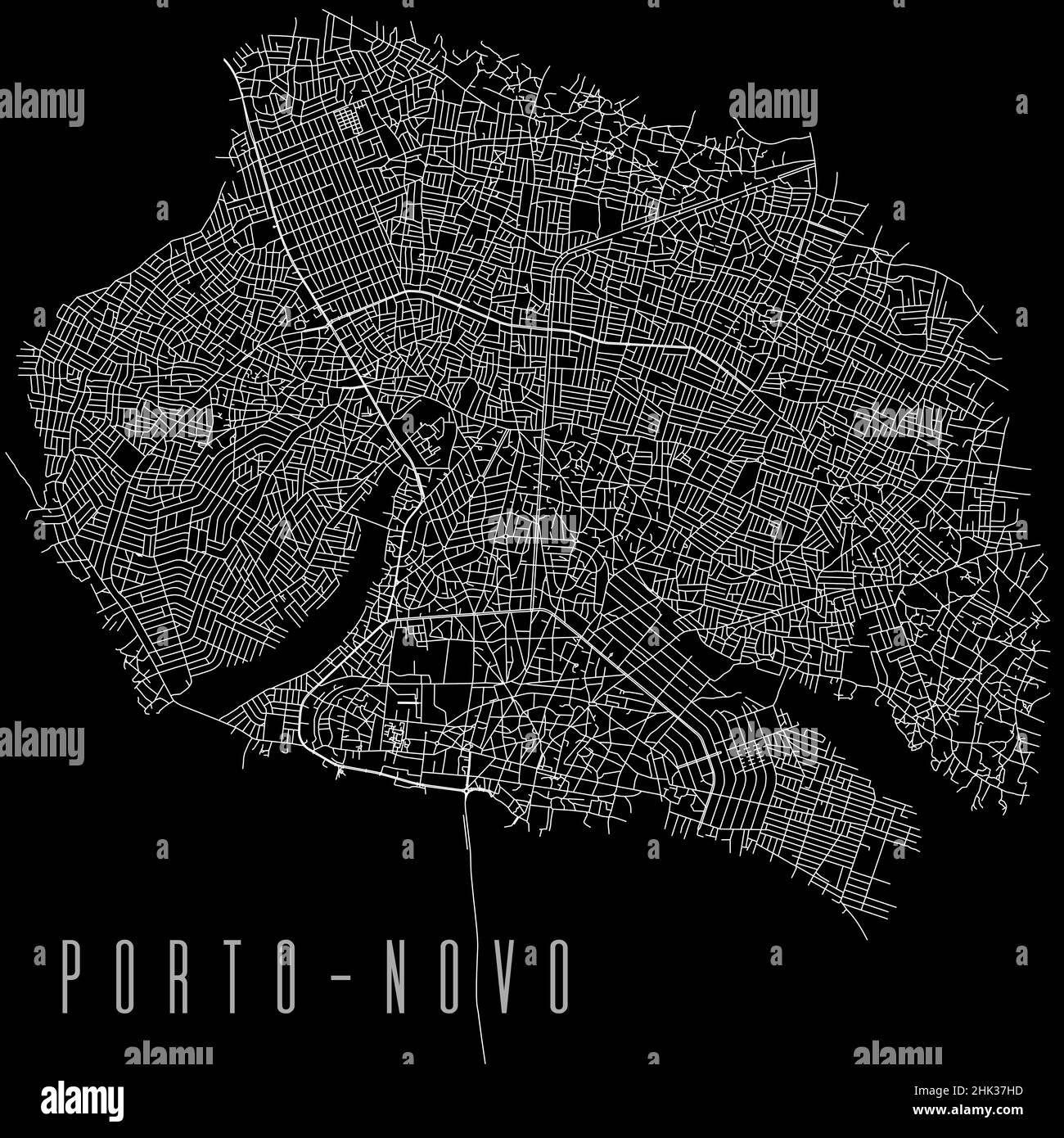 Porto-Novo Stadt Provinz Vektor Karte Poster. Hauptstadt von Benin Gemeinde quadratische lineare Straßenkarte, administratives Gemeindegebiet, weiße Linien auf schwarz Stock Vektor