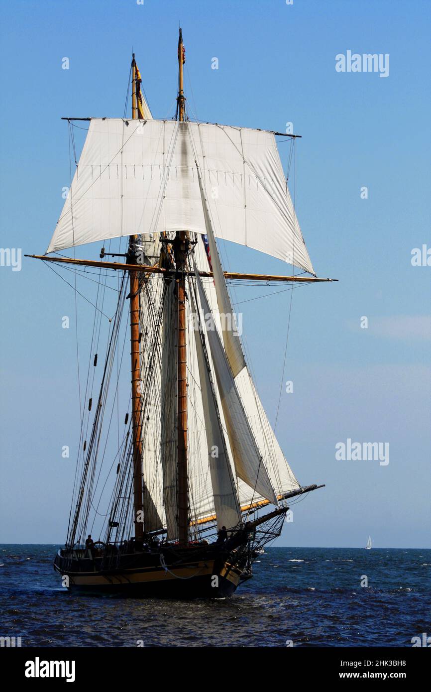 Tall Ship mit Segeln, die vom Lake Superior in den Hafen von Duluth kommen. Stockfoto