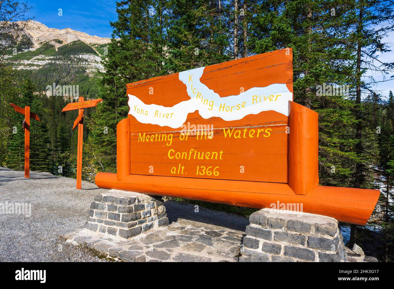 Interpretationszeichen beim Treffen der Gewässer, Yoho Nationalpark, British Columbia, Kanada Stockfoto