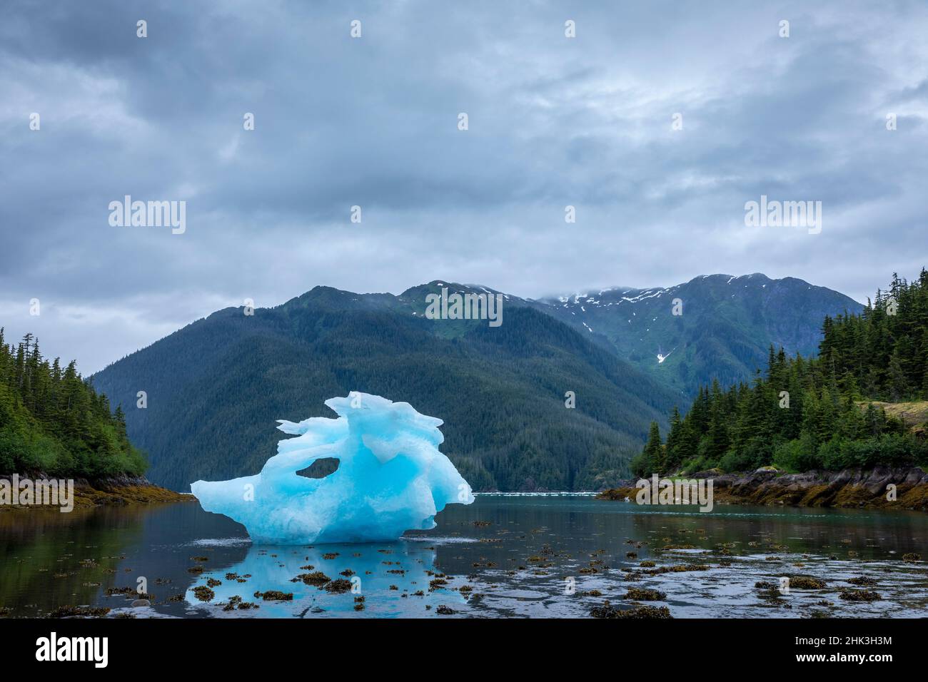 USA, Alaska, Petersburg, großer Eisberg vom LeConte Glacier, der bei Ebbe in der LeConte Bay am Sommerabend gegründet wurde Stockfoto