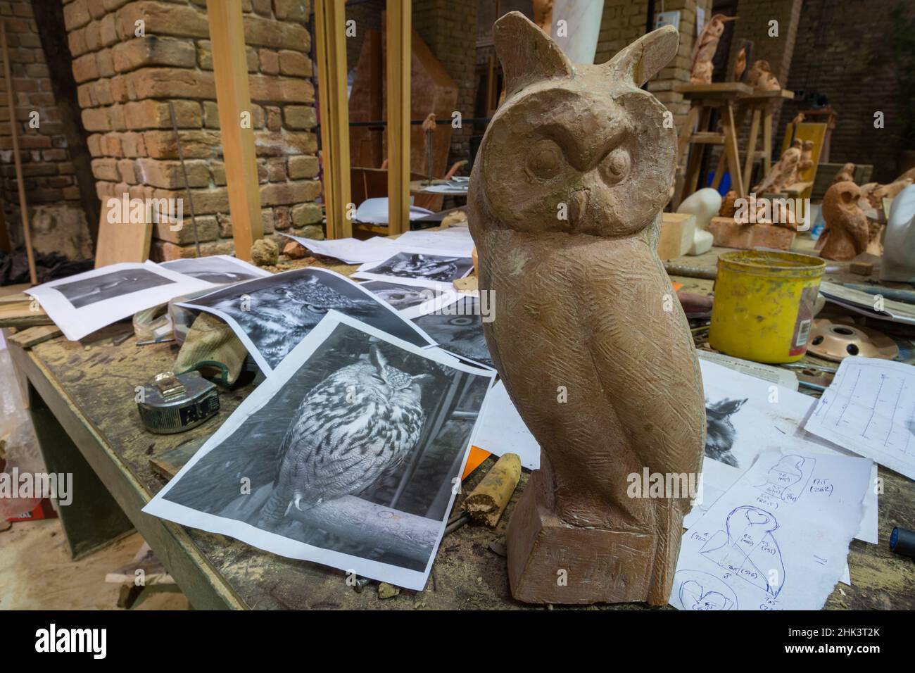 Eulen Werke im Atelier des Künstlers Jovan Blat, Kikinda, Serbien. Stockfoto