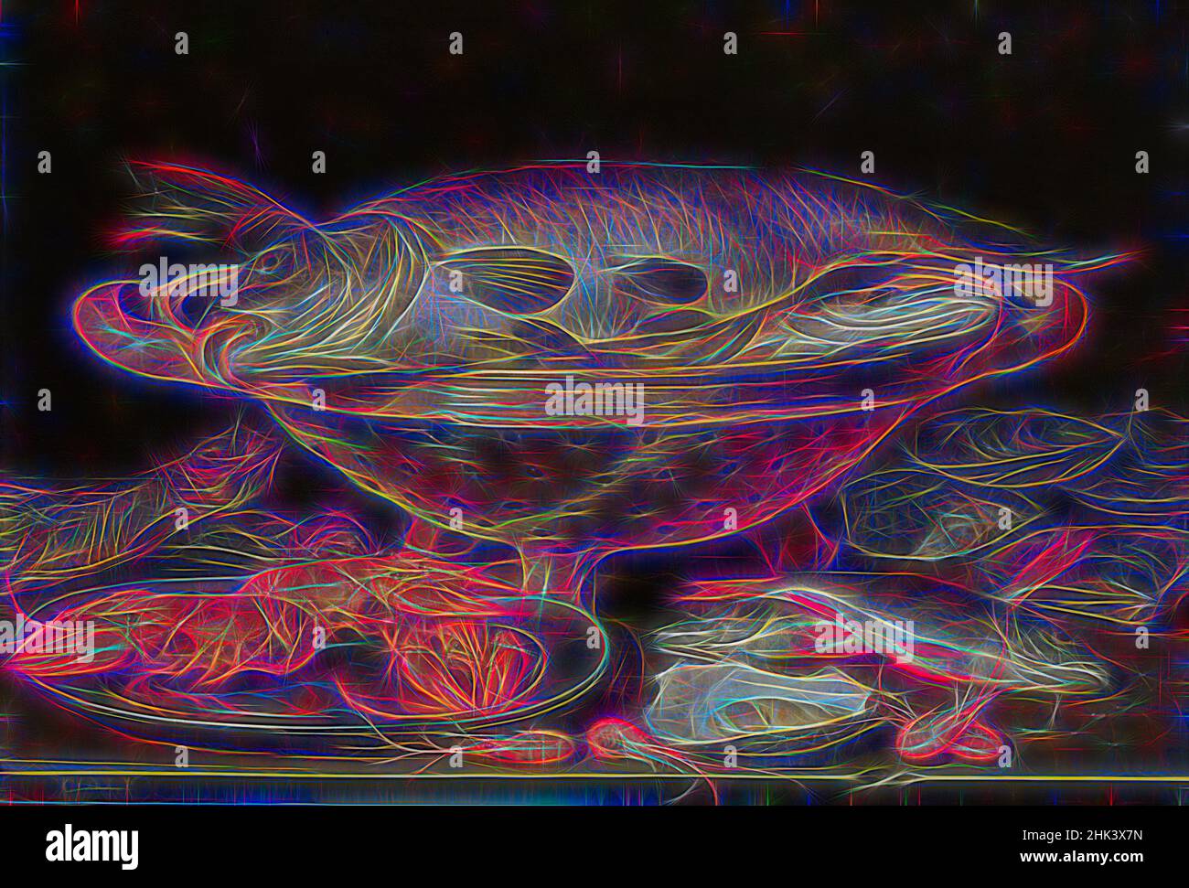 Inspiriert vom Stillleben mit Fischen, Clara Peeters, 17th. Jahrhundert, Malerei, 1615 / zwischen ca. 1612 und ca. 1621, Belgische Kunst, neu erfunden von Artotop. Klassische Kunst neu erfunden mit einem modernen Twist. Design von warmen fröhlichen Leuchten der Helligkeit und Lichtstrahl Strahlkraft. Fotografie inspiriert von Surrealismus und Futurismus, umarmt dynamische Energie der modernen Technologie, Bewegung, Geschwindigkeit und Kultur zu revolutionieren Stockfoto