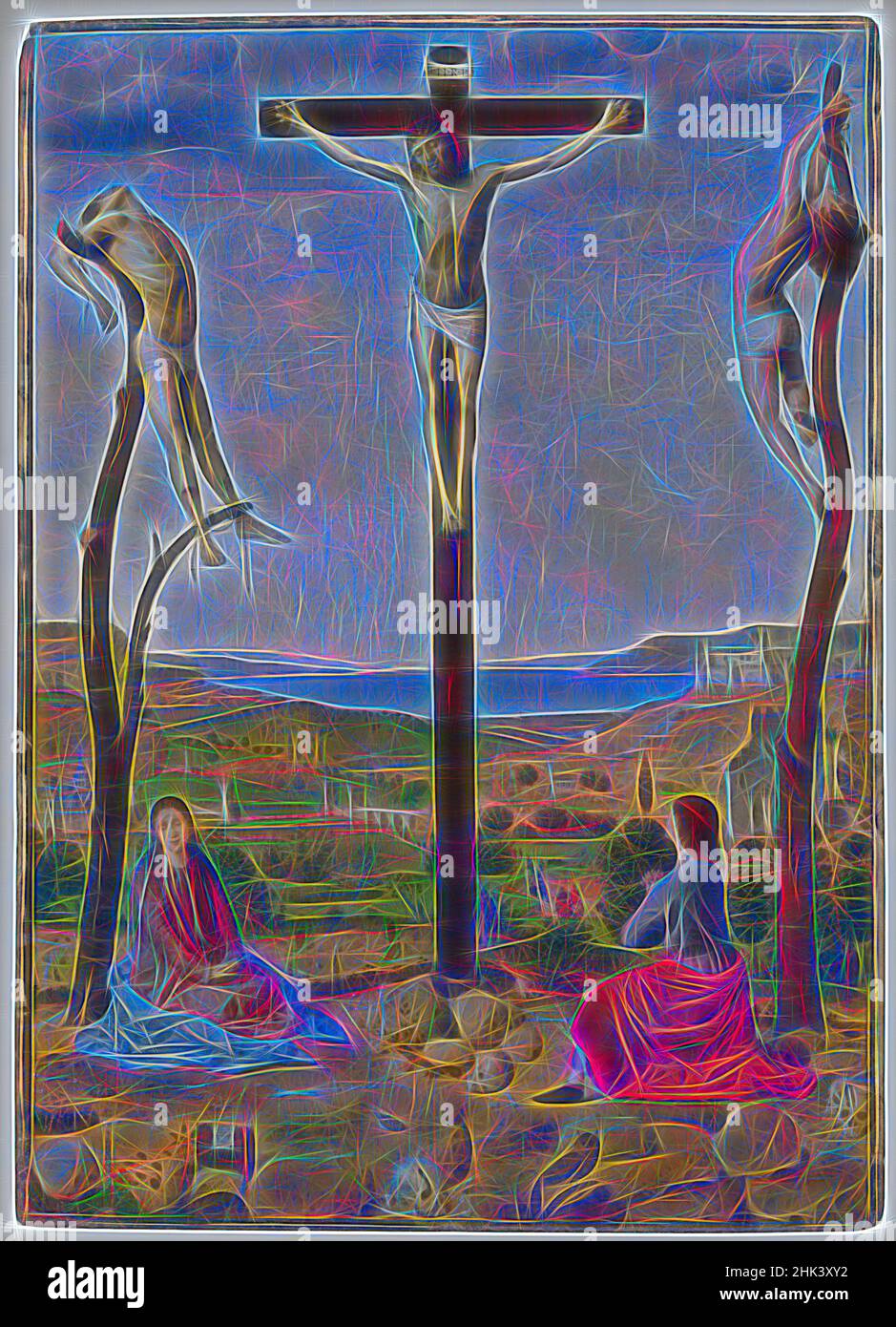 Inspiriert von Kalvarienberg, Antonello da Messina, 1475, Malerei, 1475, Belgische Kunst, neu erfunden von Artotop. Klassische Kunst neu erfunden mit einem modernen Twist. Design von warmen fröhlichen Leuchten der Helligkeit und Lichtstrahl Strahlkraft. Fotografie inspiriert von Surrealismus und Futurismus, umarmt dynamische Energie der modernen Technologie, Bewegung, Geschwindigkeit und Kultur zu revolutionieren Stockfoto