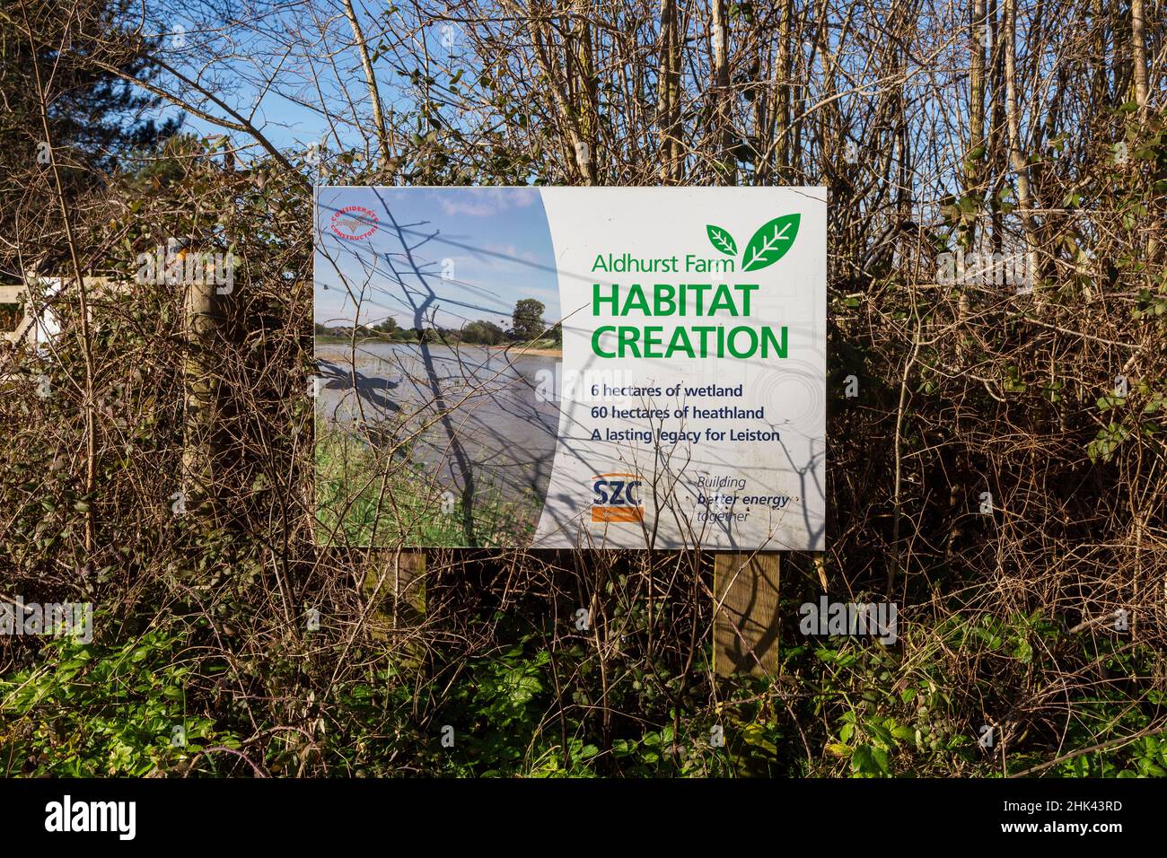 Informationsschild Sizewell C Consortium Habitat Creation Project, Aldhurst Farm, Leiston, Suffolk, England, Vereinigtes Königreich – EDF Energy Stockfoto