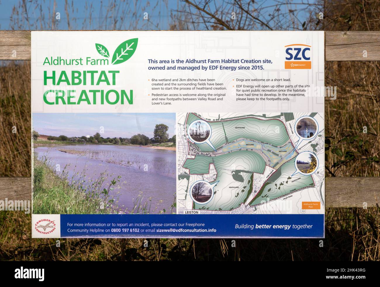 Informationsschild Sizewell C Consortium Habitat Creation Project, Aldhurst Farm, Leiston, Suffolk, England, Vereinigtes Königreich – EDF Energy Stockfoto