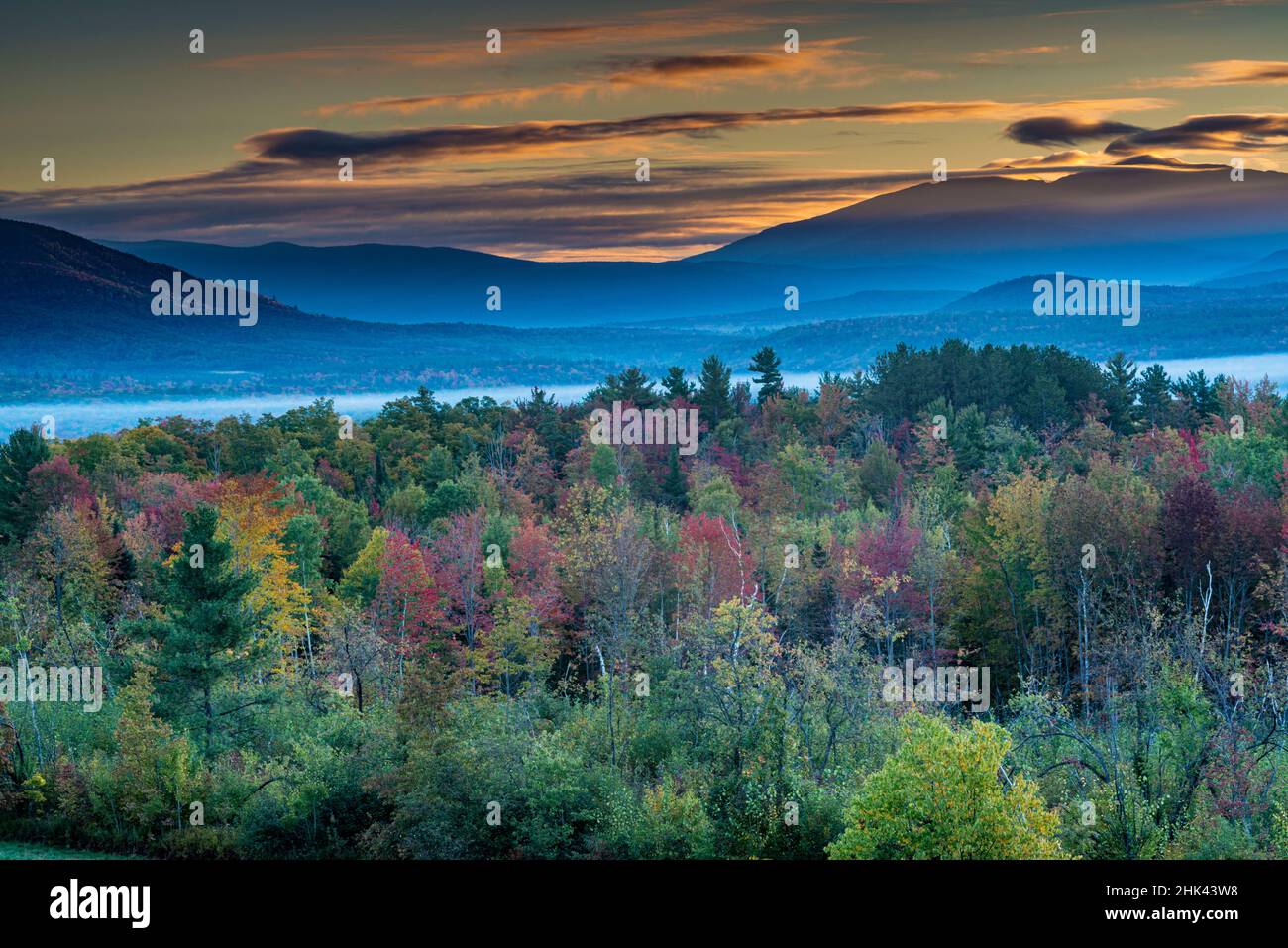 Malerische Herbstlandschaft mit Nebel und Herbstlaub, Sugar Hill, White Mountains, Franken, New Hampshire Stockfoto
