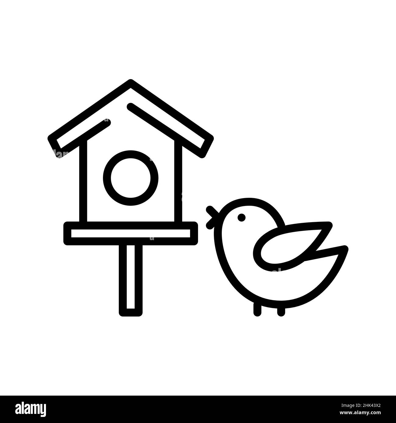 Vogel in einem Vogelhaus. Niedliches Pixel-perfektes Symbol im Frühling Stock Vektor