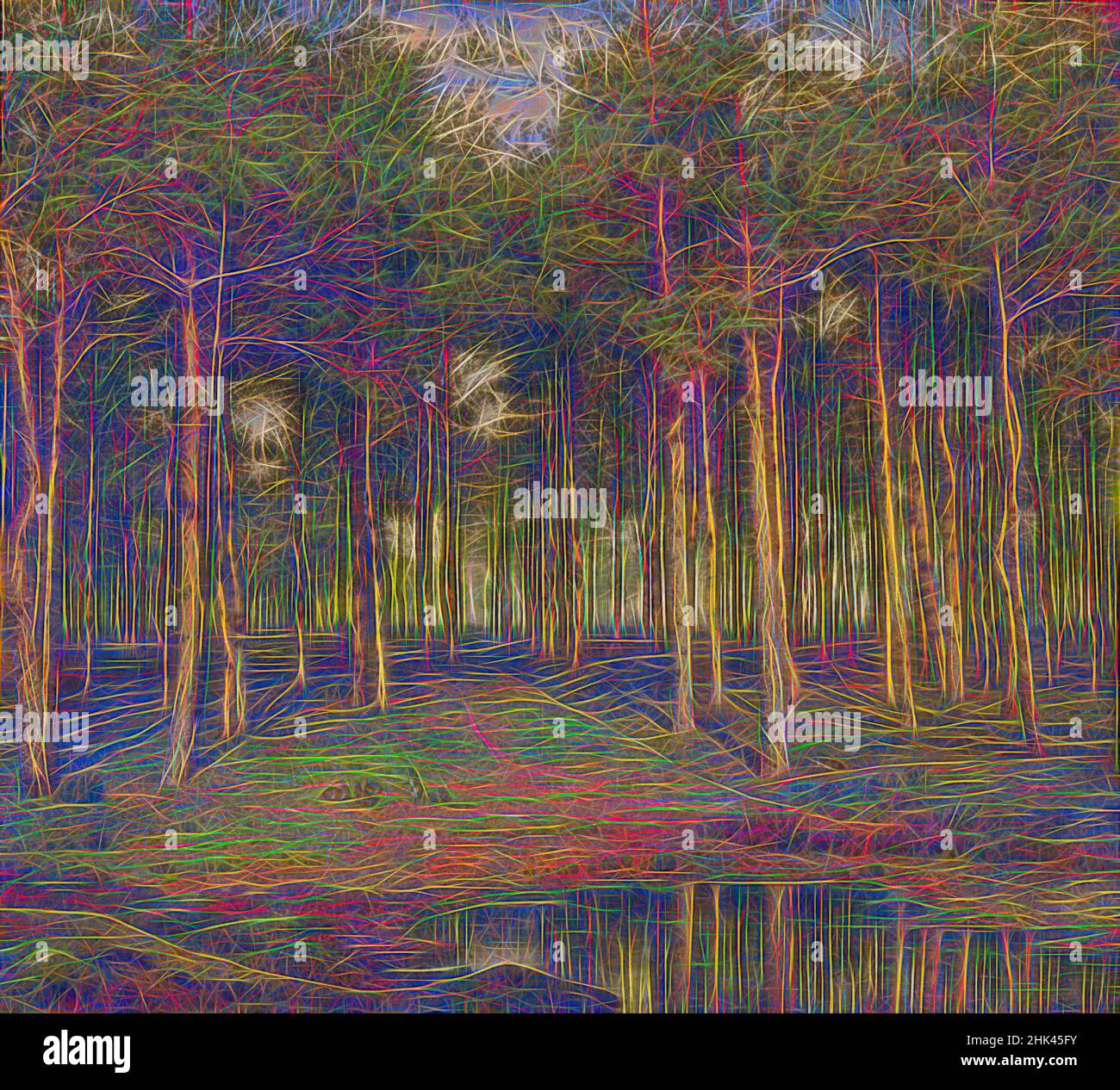 Inspiriert von Fichtenwäldern in Putte, Jean Pierre François Lamorinière, Malerei, 1883, Belgische Kunst, neu erfunden von Artotop. Klassische Kunst neu erfunden mit einem modernen Twist. Design von warmen fröhlichen Leuchten der Helligkeit und Lichtstrahl Strahlkraft. Fotografie inspiriert von Surrealismus und Futurismus, umarmt dynamische Energie der modernen Technologie, Bewegung, Geschwindigkeit und Kultur zu revolutionieren Stockfoto