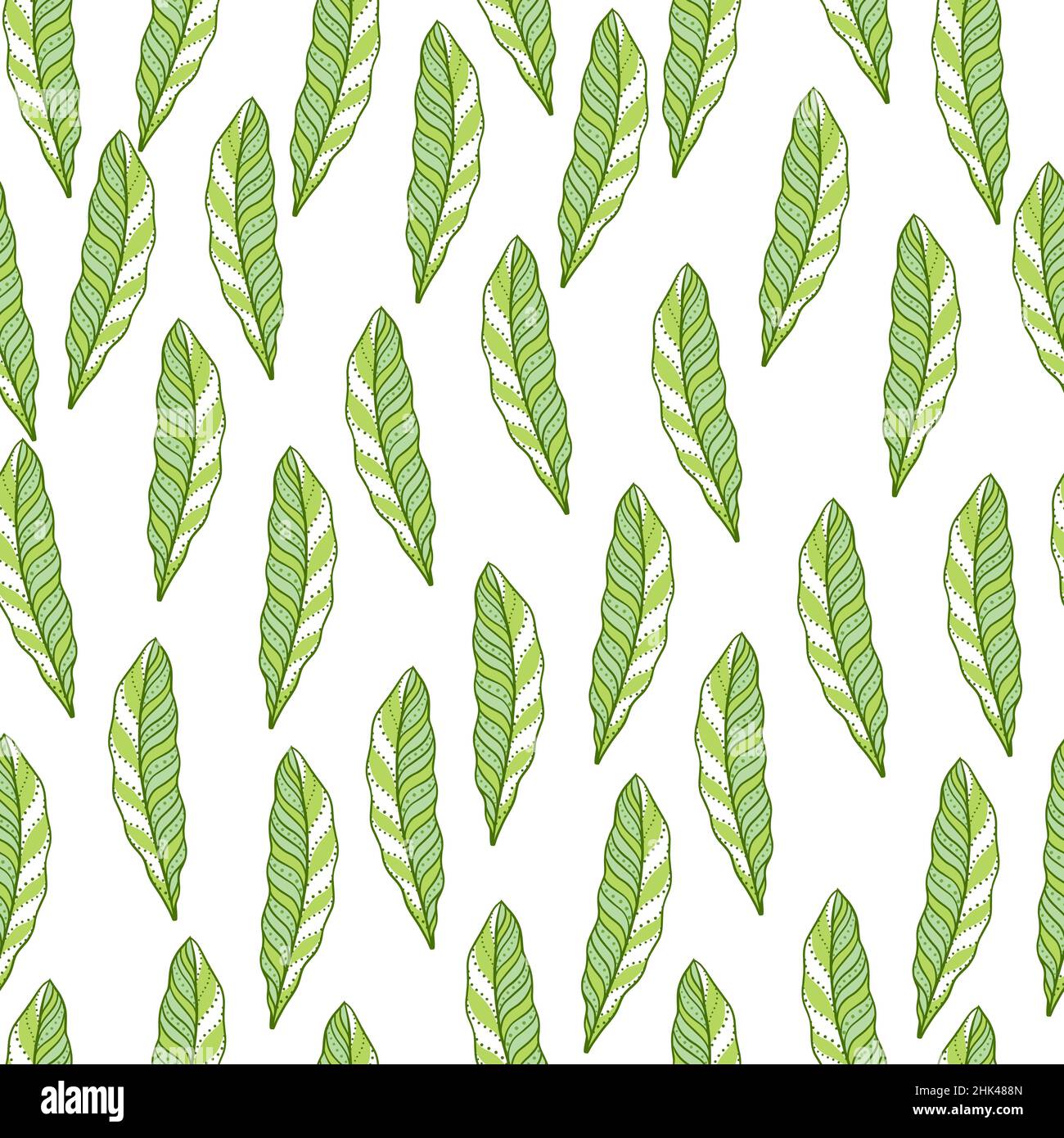 Isoliertes nahtloses Muster mit kleinen grünen, zufällig abstrakten Blattelementen. Weißer Hintergrund. Blütendruck. Abbildung des Bestandes. Vektor-Design für textil Stock Vektor