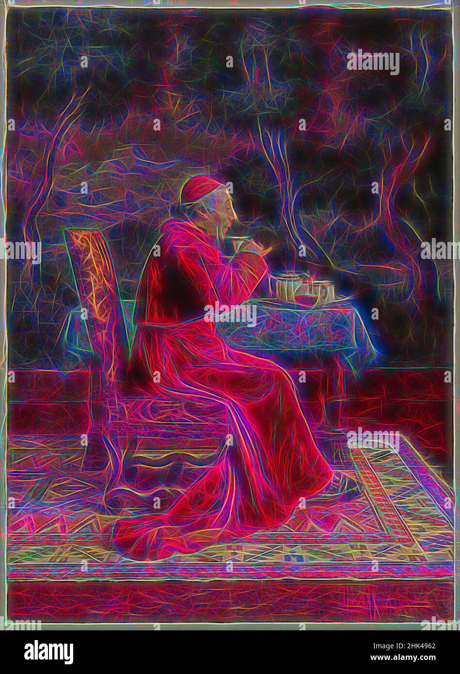 Inspiriert von Kardinal Léo Herrmann, Franzose, 1853-1927, Gouache, Aquarell und Graphit auf Wove-Papier, Frankreich, n.d., Bild: 10 13/16 x 7 7/8 Zoll, 27,5 x 20 cm, antikatholisch, Getränk, Brokat, Kardinal, Teppich, katholisch, Tasse, dekorativ, Essen und Trinken, Französisch, Gouache, Grahit, grün, neu gestaltet von Artotop. Klassische Kunst neu erfunden mit einem modernen Twist. Design von warmen fröhlichen Leuchten der Helligkeit und Lichtstrahl Strahlkraft. Fotografie inspiriert von Surrealismus und Futurismus, umarmt dynamische Energie der modernen Technologie, Bewegung, Geschwindigkeit und Kultur zu revolutionieren Stockfoto