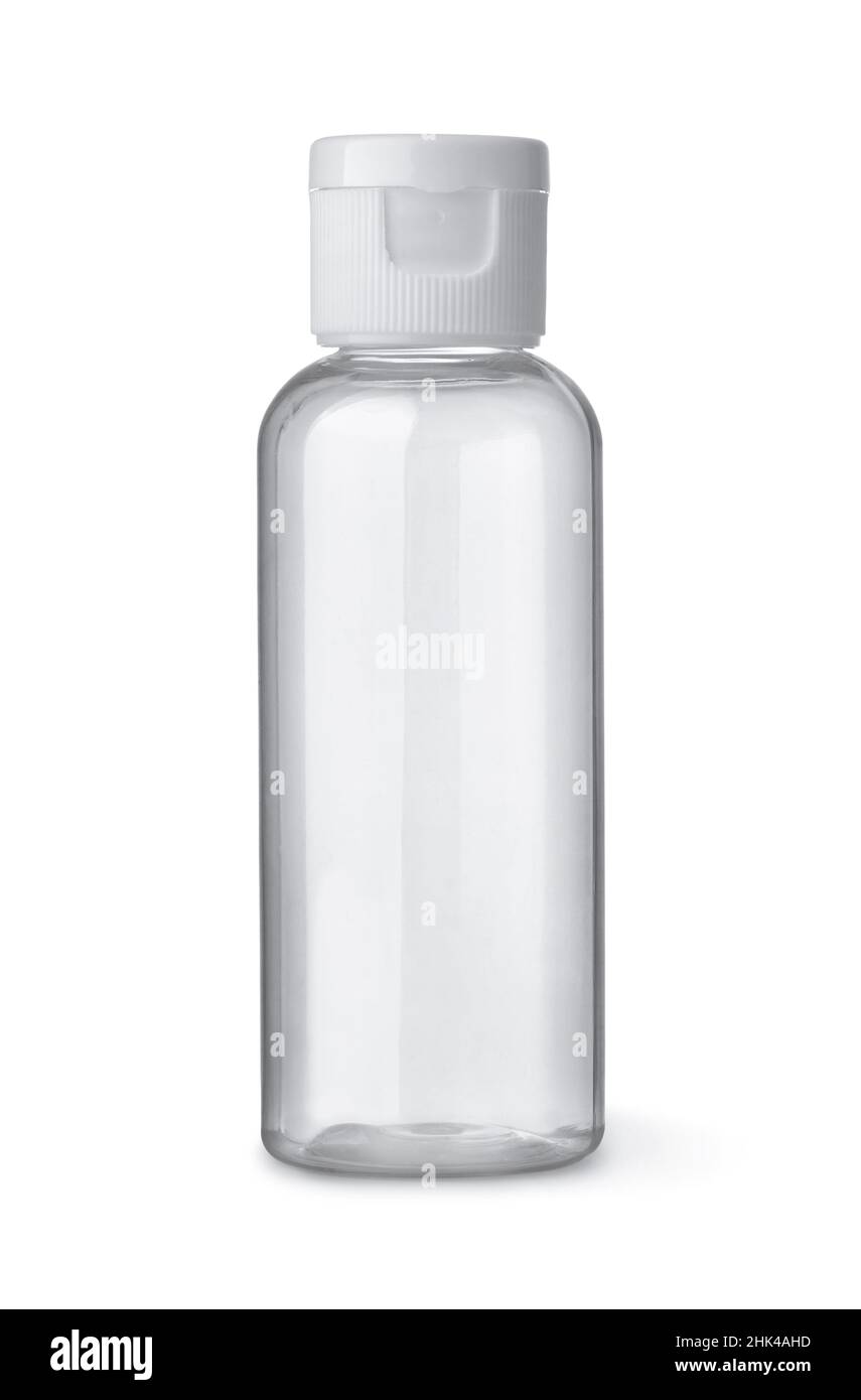 Frontansicht der leeren, transparenten Kosmetikflasche aus Kunststoff, isoliert auf Weiß Stockfoto