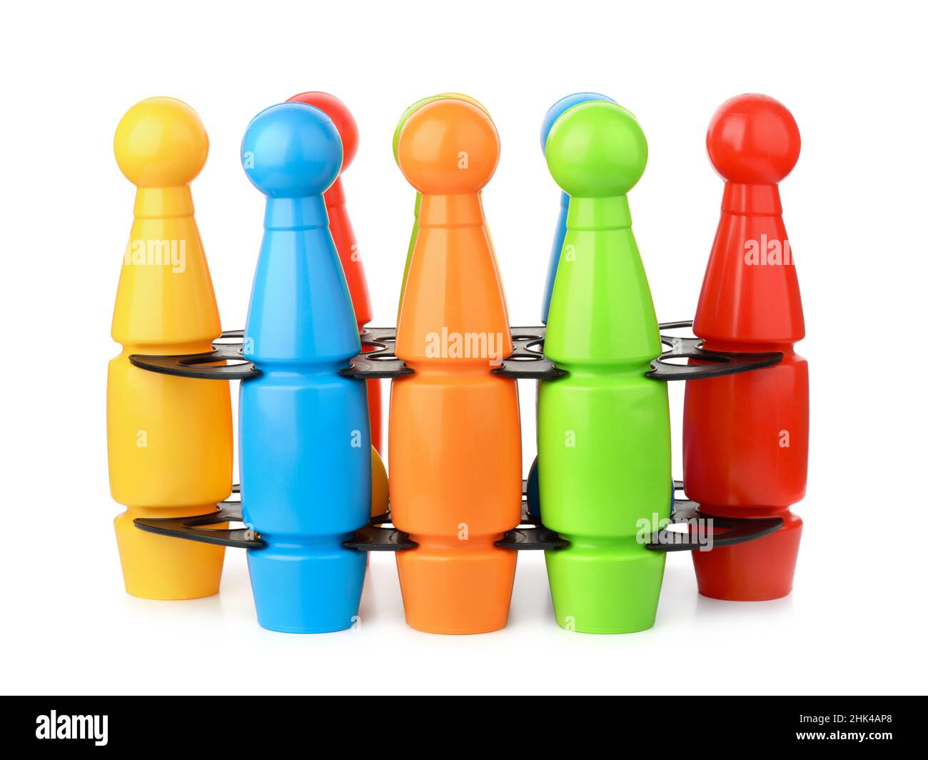 Set von Spielzeug Kunststoff Bowling Pins isoliert auf weiß Stockfoto