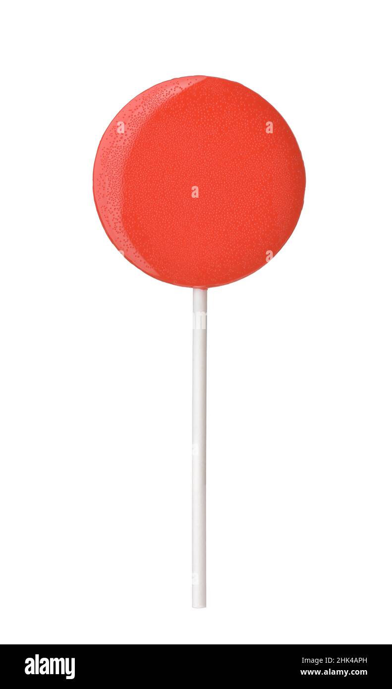 Vorderansicht des roten runden Fruchtlollipop isoliert auf weiß Stockfoto