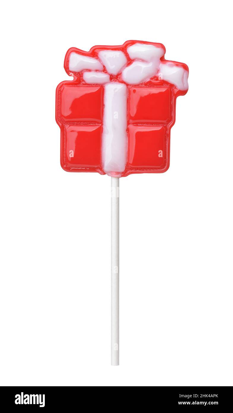 Vorderansicht der roten Geschenkbox Lutscher Süßigkeiten isoliert auf weiß Stockfoto