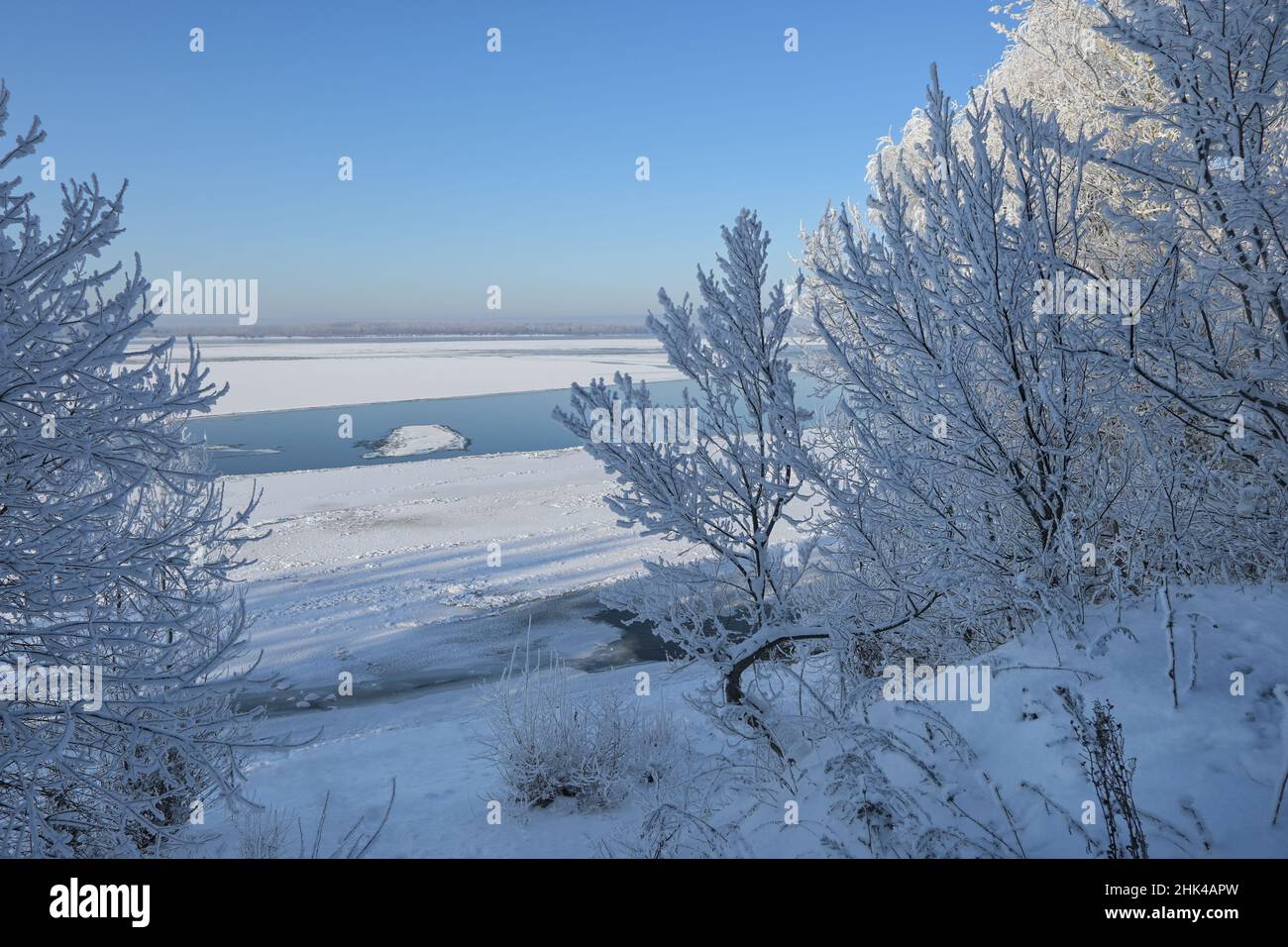 Frostige Bäume am Flussufer am Winterabend Stockfoto