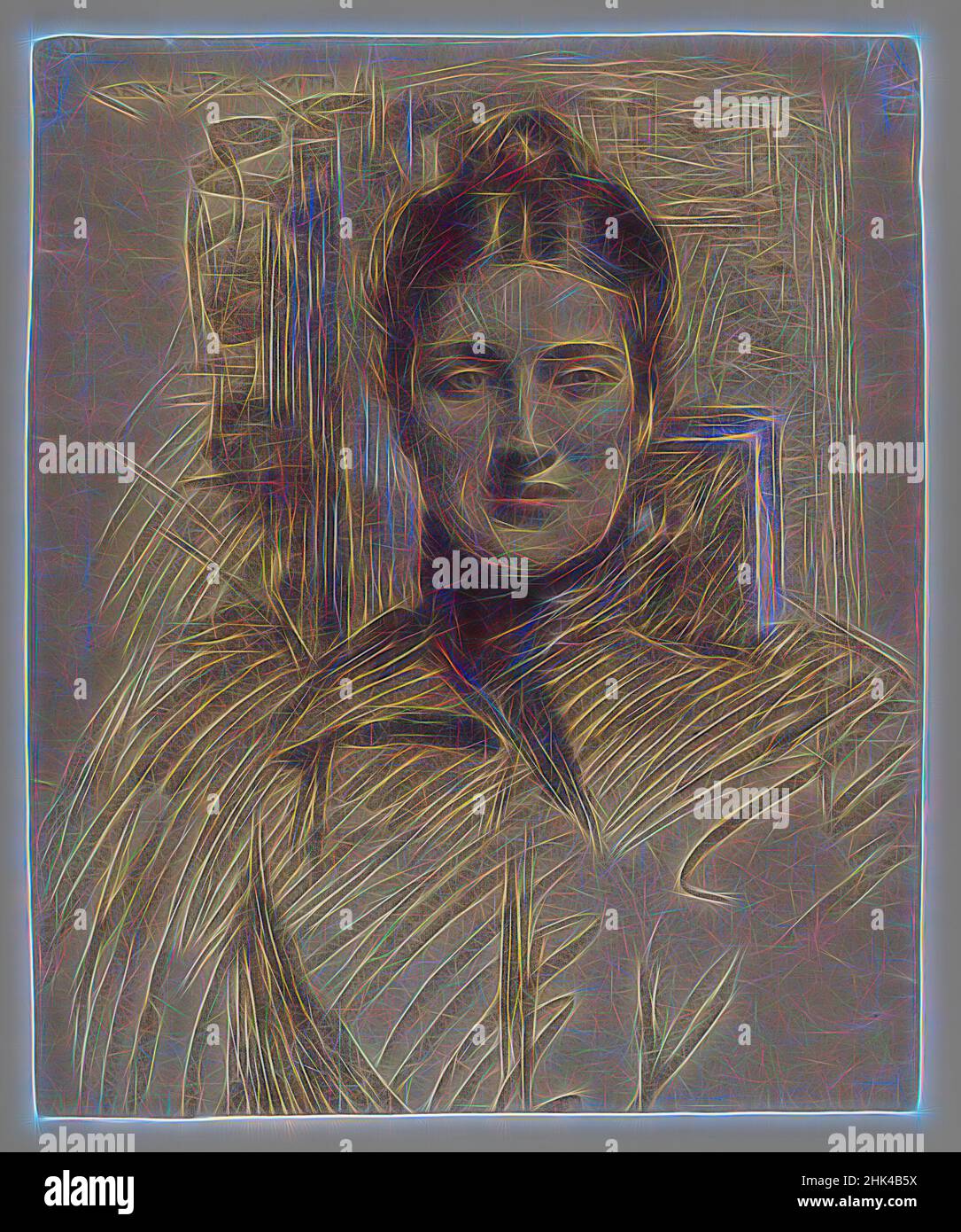 Inspiriert von Portrait of Minnie Clark, J. Carroll Beckwith, American, 1852-1917, Charcoal und Pastell auf blaufaserigem, mittelschwerem, mäßig strukturiertem Büttenpapier, ca. 1890s, Blatt: 22 3/8 x 18 1/4 Zoll, 56,8 x 46,4 cm, Brötchen, Kohle, Zeichnung, Gesicht, Weiblich, weibliche Schönheit, feine Linien, Frisur, neu erfunden von Artotop. Klassische Kunst neu erfunden mit einem modernen Twist. Design von warmen fröhlichen Leuchten der Helligkeit und Lichtstrahl Strahlkraft. Fotografie inspiriert von Surrealismus und Futurismus, umarmt dynamische Energie der modernen Technologie, Bewegung, Geschwindigkeit und Kultur zu revolutionieren Stockfoto