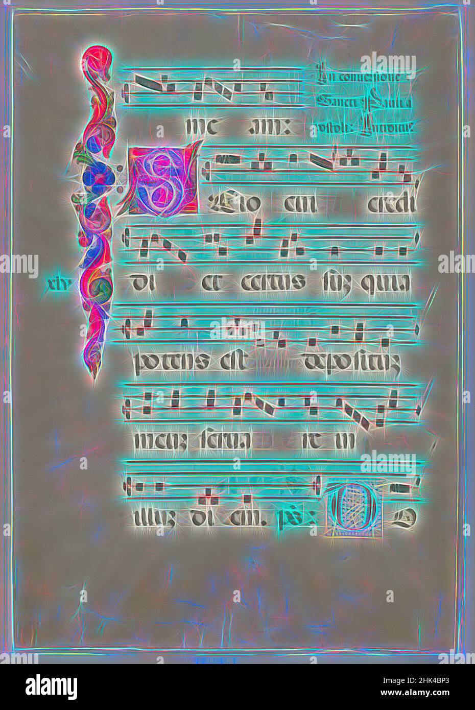 Inspiriert von Antiphonarium, Blatt aus Chorbuch, farbige Tuschen auf Pergament, erste Hälfte des 15th. Jahrhunderts, 22 3/8 x 15 7/8in., 56,8 x 40,3cm, neu erfunden von Artotop. Klassische Kunst neu erfunden mit einem modernen Twist. Design von warmen fröhlichen Leuchten der Helligkeit und Lichtstrahl Strahlkraft. Fotografie inspiriert von Surrealismus und Futurismus, umarmt dynamische Energie der modernen Technologie, Bewegung, Geschwindigkeit und Kultur zu revolutionieren Stockfoto