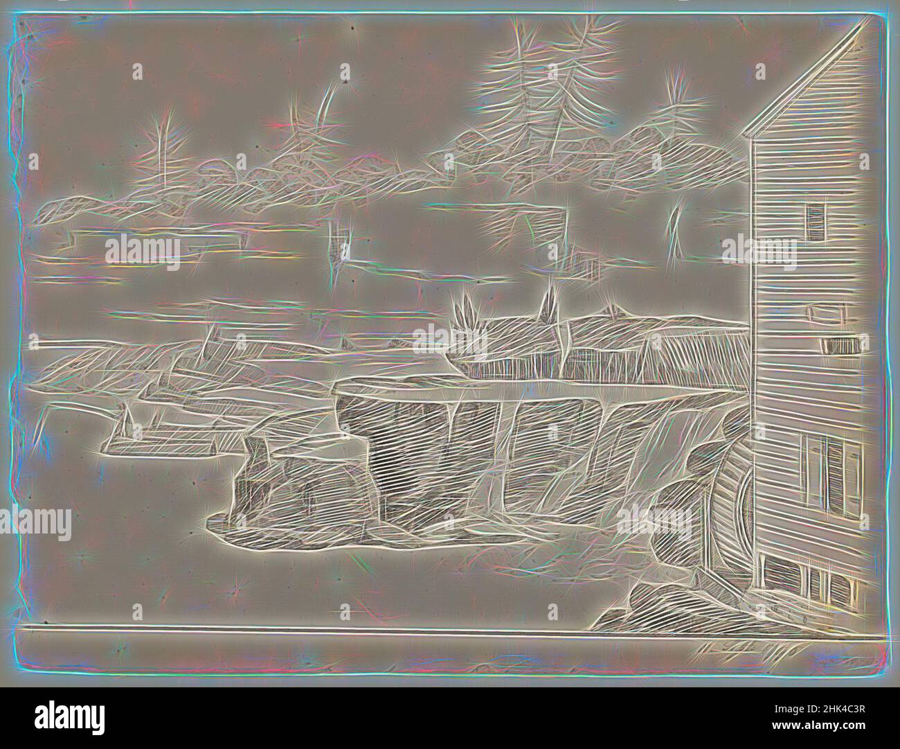 Inspiriert von From The Mill, Alexander Robertson, Amerikaner, geboren in Schottland, 1772-1841, Schwarze Tinte auf cremefarbenem, mitteldickem, mittelstrukturiertem Papier, 11. September 1796, Blatt: 8 3/4 x 11 1/2 Zoll, 22,2 x 29,2 cm, amerikanisch, Zeichnung, außen, feine Linien, Tinte, Landschaft, Mühle, Felsen, Scotish, Neu gestaltet von Artotop. Klassische Kunst neu erfunden mit einem modernen Twist. Design von warmen fröhlichen Leuchten der Helligkeit und Lichtstrahl Strahlkraft. Fotografie inspiriert von Surrealismus und Futurismus, umarmt dynamische Energie der modernen Technologie, Bewegung, Geschwindigkeit und Kultur zu revolutionieren Stockfoto