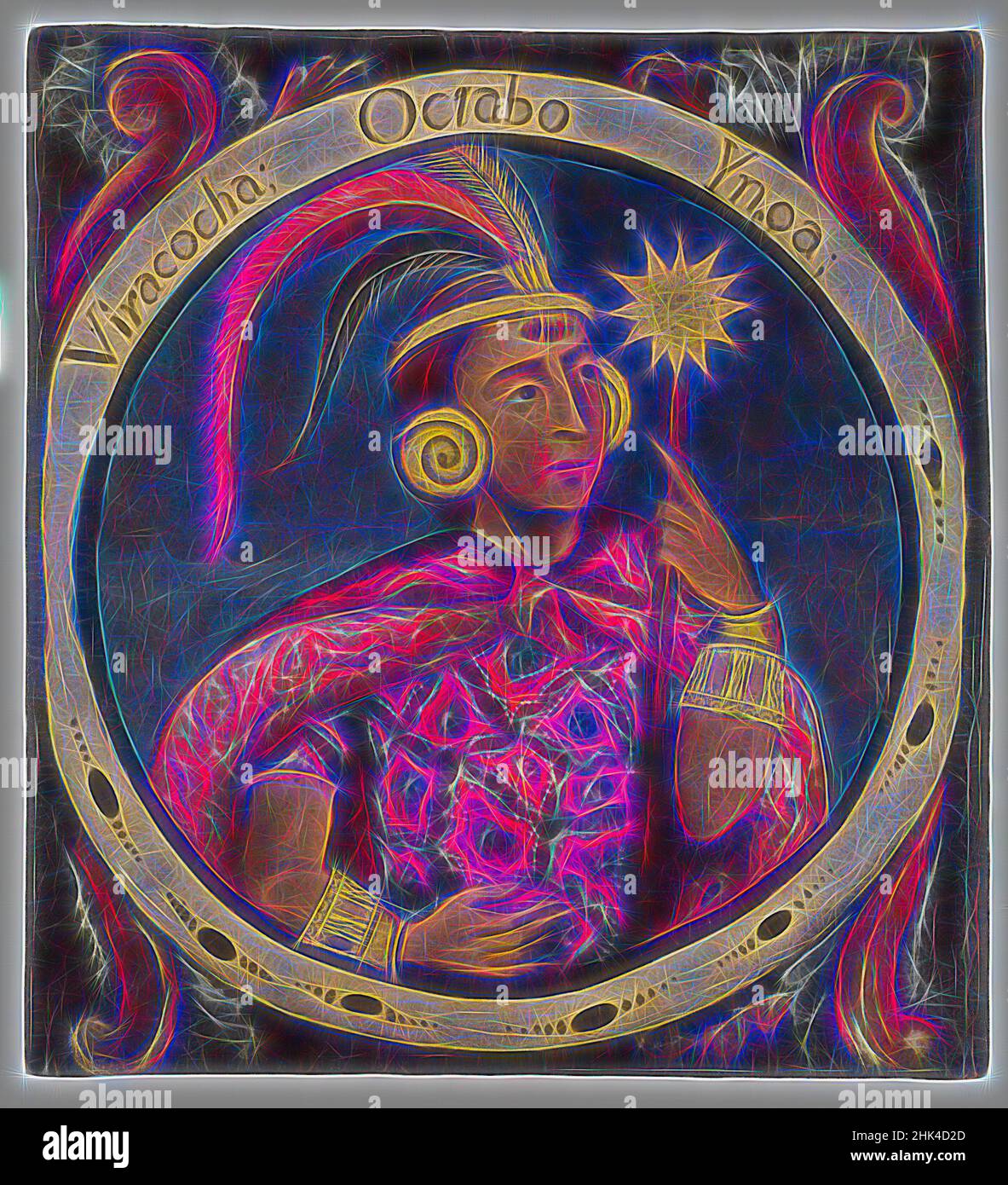 Inspiriert von Viracocha, Achter Inka, 1 von 14 Porträts der Inka-Könige, Peruanisch, Öl auf Leinwand, Peru, Mitte 18th Jahrhundert, Wahrscheinlich, Kolonialzeit, 23 3/8 x 21 9/16in., 59,4 x 54,8cm, Armbänder, Eroberung, Ohrspulen, Feder, Kopfschmuck, hispanische Herkunft, historisch, Inka, Inka-Könige, König, lateinamerikanisch, neu erfunden von Artotop. Klassische Kunst neu erfunden mit einem modernen Twist. Design von warmen fröhlichen Leuchten der Helligkeit und Lichtstrahl Strahlkraft. Fotografie inspiriert von Surrealismus und Futurismus, umarmt dynamische Energie der modernen Technologie, Bewegung, Geschwindigkeit und Kultur zu revolutionieren Stockfoto