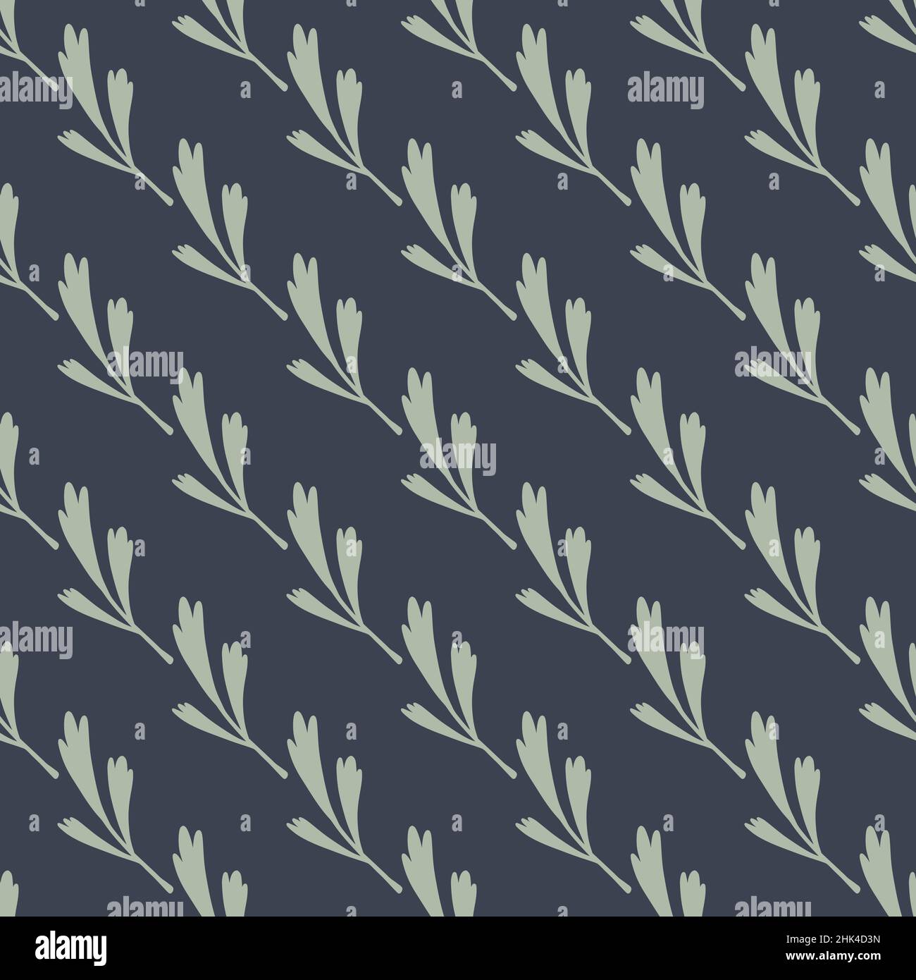 Schräg grau gestreiftes Nahtloses Muster mit Blumenblatt-Ästen-Druck. Marineblauer Hintergrund. Entwickelt für Stoffdesign, Textildruck, Verpackung, c Stock Vektor