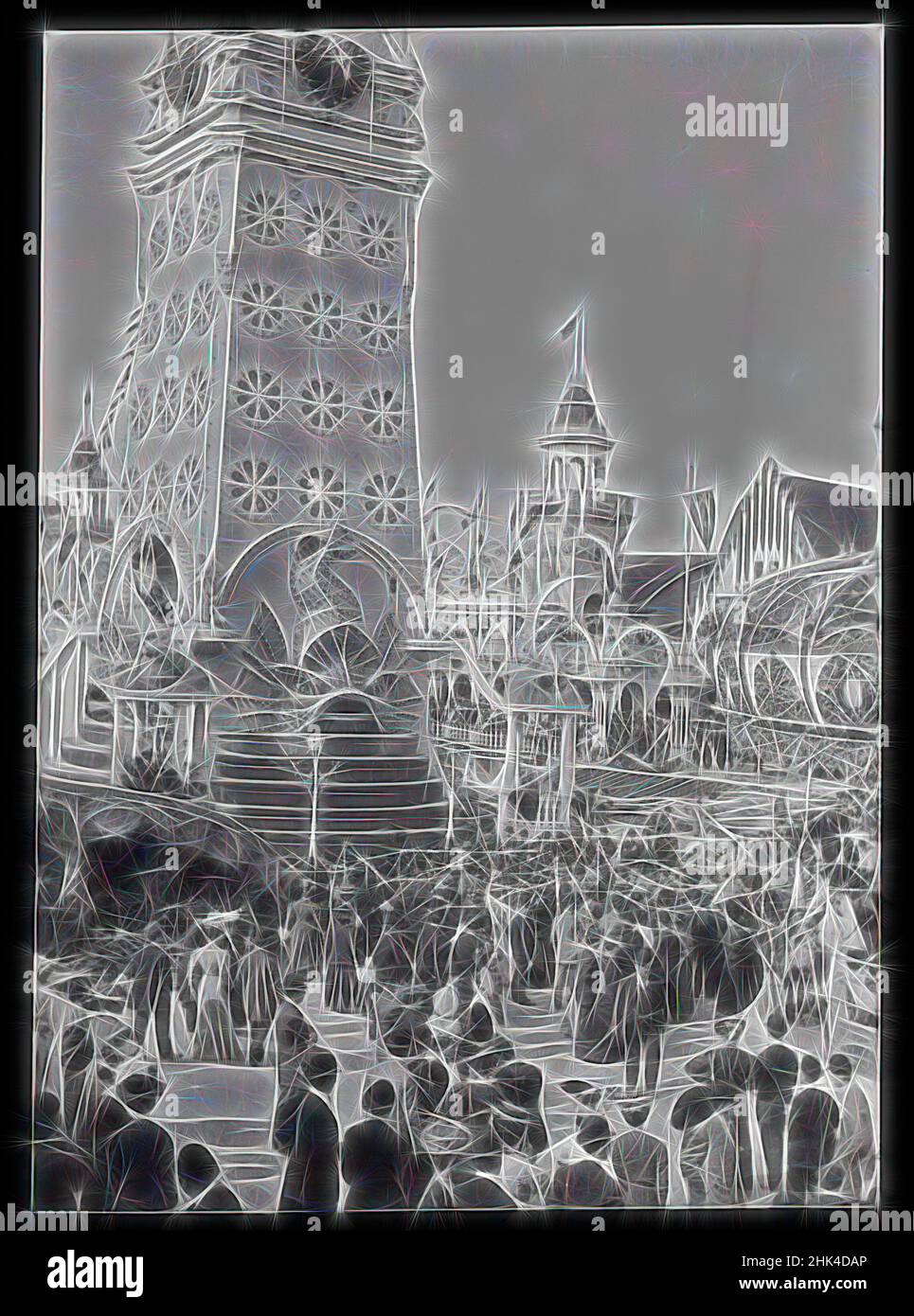 Inspiriert von Luna Park, Eugene Wemlinger, Cellulose Nitrat Negativ, 1909, Coney Island, Neu gestaltet von Artotop. Klassische Kunst neu erfunden mit einem modernen Twist. Design von warmen fröhlichen Leuchten der Helligkeit und Lichtstrahl Strahlkraft. Fotografie inspiriert von Surrealismus und Futurismus, umarmt dynamische Energie der modernen Technologie, Bewegung, Geschwindigkeit und Kultur zu revolutionieren Stockfoto