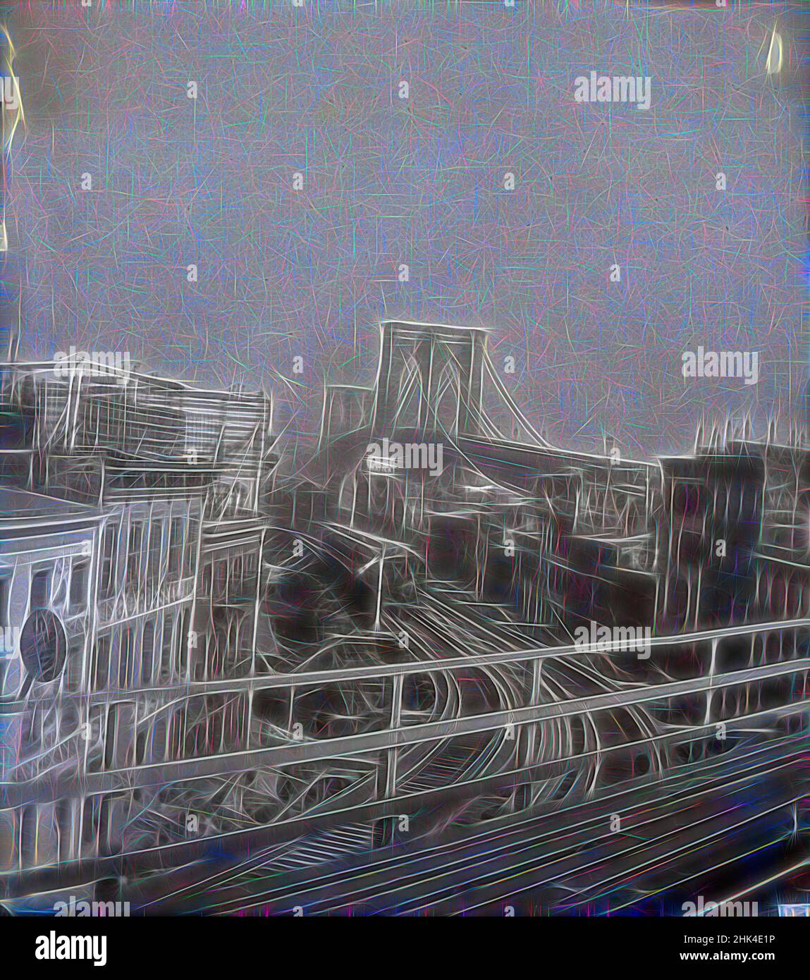 Edgar S. Thomson, Amerikaner, aktiv 1890s-1900s, Glass Plate Negative, inspiriert von Brooklyn Bridge und Elevated Road to Fulton Ferry, 1896, 4 x 5 Zoll, 10,2 x 12,7 cm, Architektur, Archivfoto, Brooklyn Bridge, Brooklyn History, Bauingenieurwesen, Dokumentarfotografie, früher Fotojournalismus, neu erfunden von Artotop. Klassische Kunst neu erfunden mit einem modernen Twist. Design von warmen fröhlichen Leuchten der Helligkeit und Lichtstrahl Strahlkraft. Fotografie inspiriert von Surrealismus und Futurismus, umarmt dynamische Energie der modernen Technologie, Bewegung, Geschwindigkeit und Kultur zu revolutionieren Stockfoto