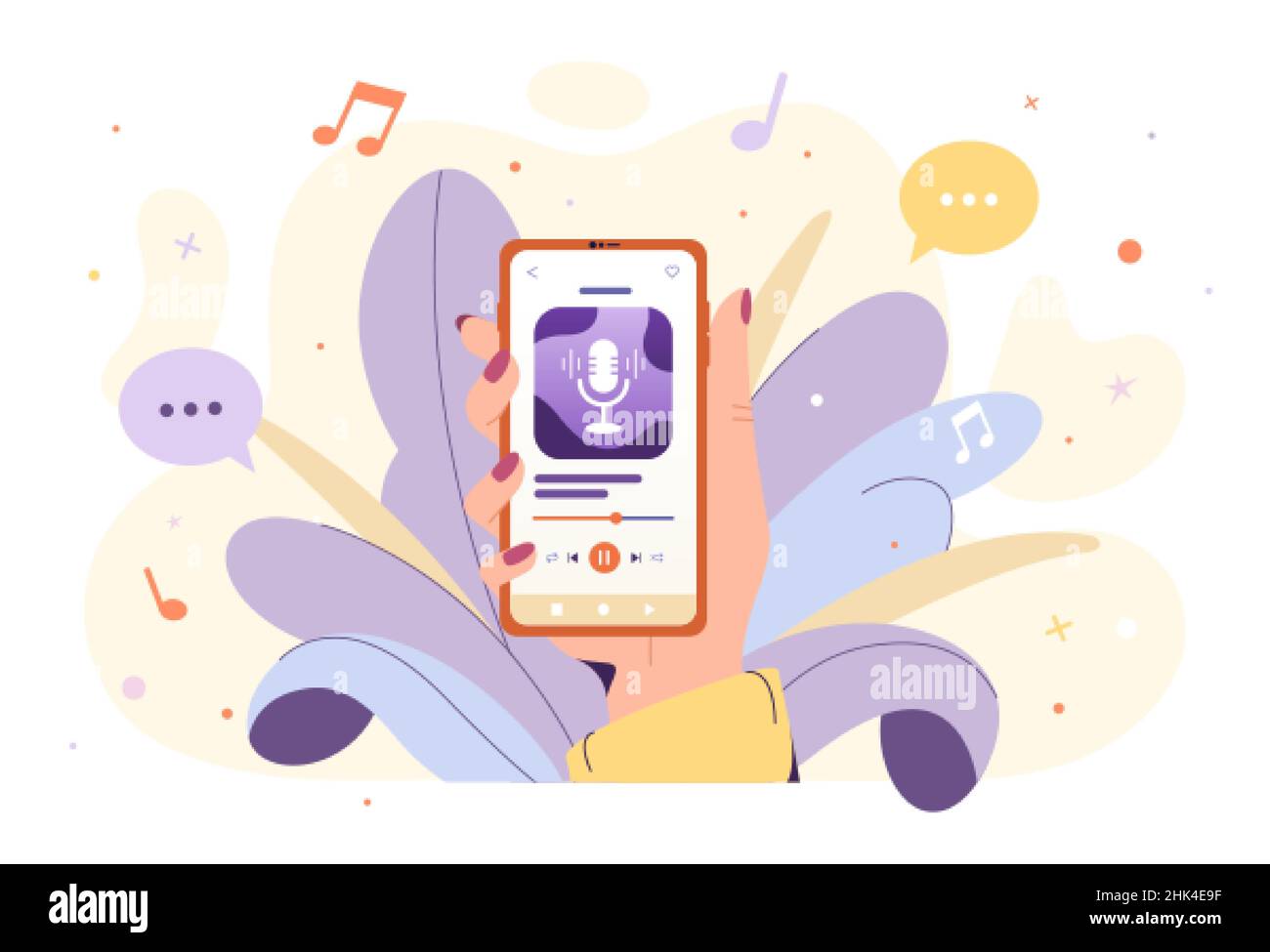 Frau hält Smartphone mit App für Musik, Radio und Podcasts. Mobile Media-Anwendung mit Online-Studiengängen. Audioschnittstelle auf dem Bildschirm des digitalen Geräts mit flacher Vektorilustration. Stock Vektor