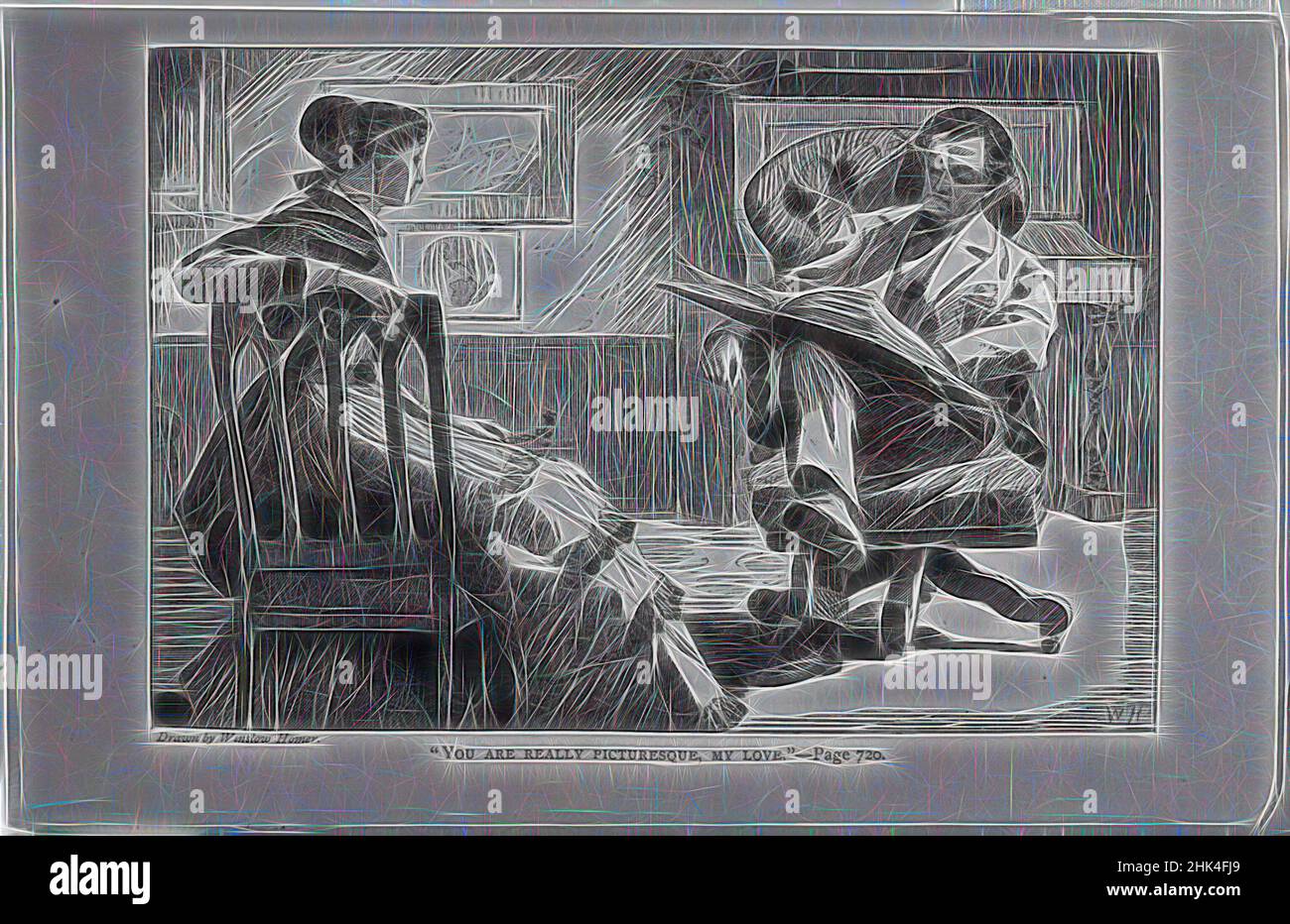 Inspiriert von You are Really Picturesque, My Love', Winslow Homer, Amerikaner, 1836-1910, Holzstich, 1868, Bild: 4 3/4 x 6 7/8 in., 12,1 x 17,5 cm, 1868, sitzende Figuren, Winslow Homer, neu erfunden von Artotop. Klassische Kunst neu erfunden mit einem modernen Twist. Design von warmen fröhlichen Leuchten der Helligkeit und Lichtstrahl Strahlkraft. Fotografie inspiriert von Surrealismus und Futurismus, umarmt dynamische Energie der modernen Technologie, Bewegung, Geschwindigkeit und Kultur zu revolutionieren Stockfoto