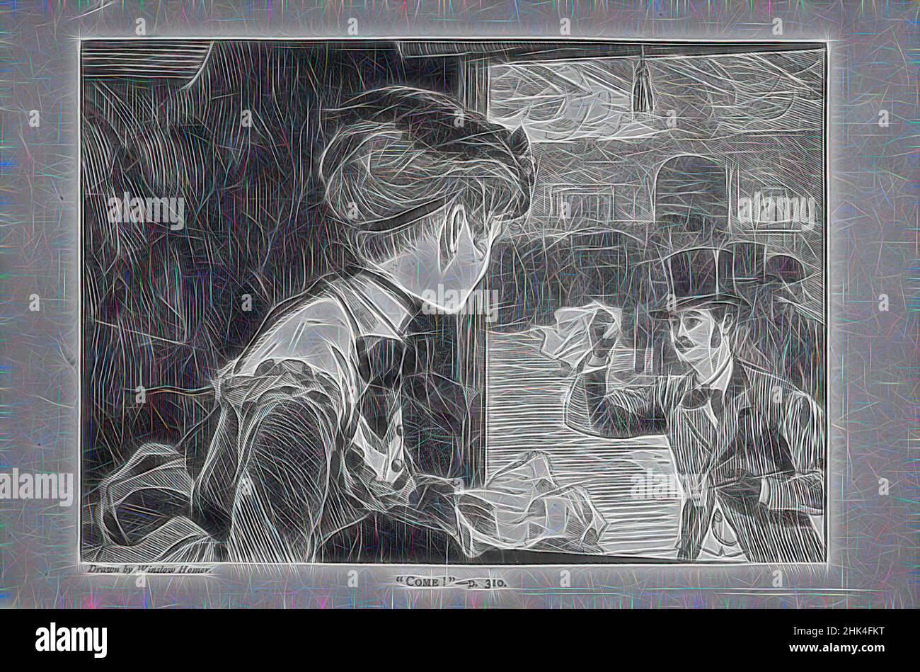 Inspiriert von Come!', Winslow Homer, Amerikaner, 1836-1910, Holzstich, 1869, Bild: 4 7/8 x 6 7/8 Zoll, 12,4 x 17,5 cm, neu gestaltet von Artotop. Klassische Kunst neu erfunden mit einem modernen Twist. Design von warmen fröhlichen Leuchten der Helligkeit und Lichtstrahl Strahlkraft. Fotografie inspiriert von Surrealismus und Futurismus, umarmt dynamische Energie der modernen Technologie, Bewegung, Geschwindigkeit und Kultur zu revolutionieren Stockfoto