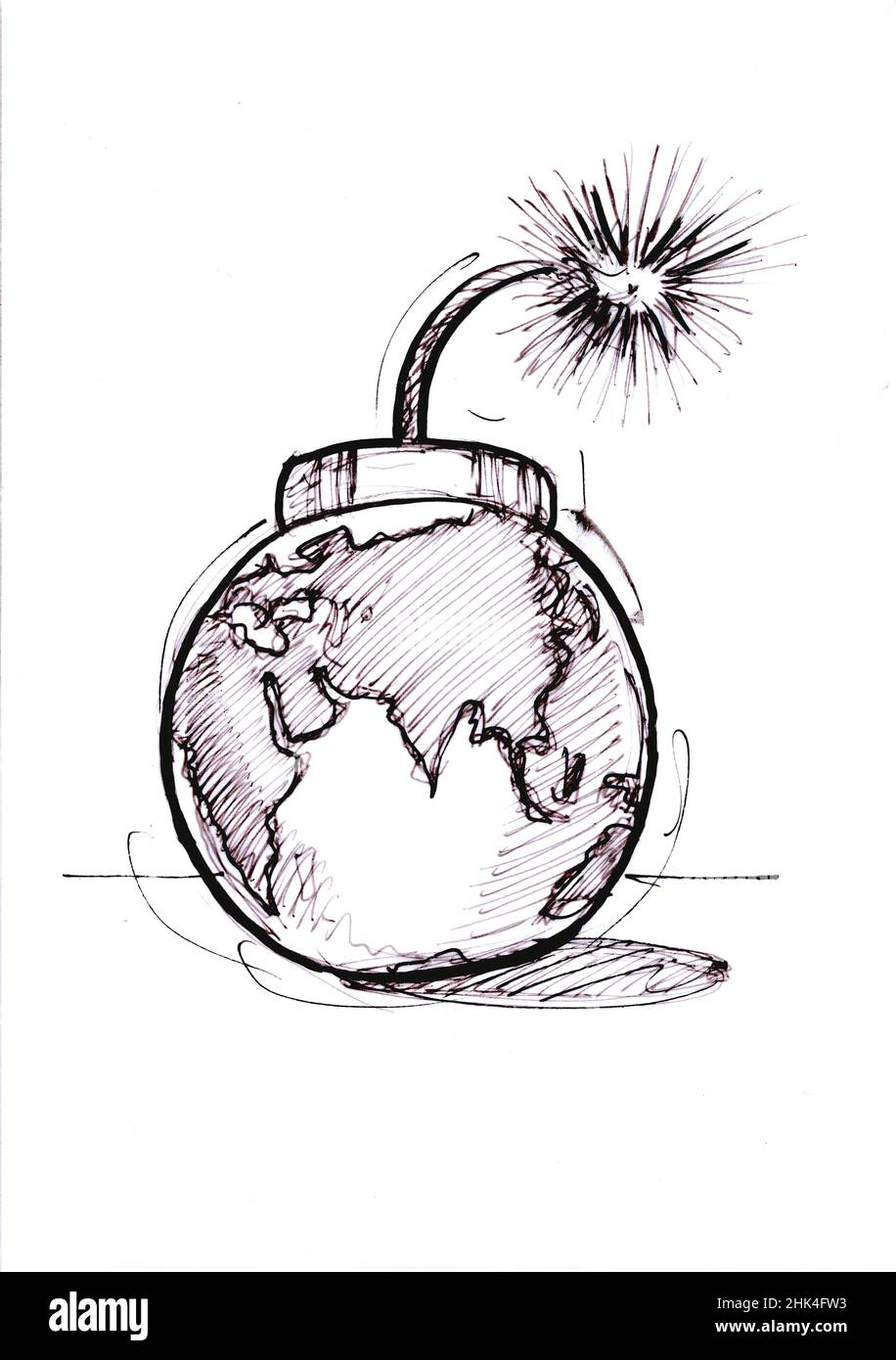 Skizze des Planeten Erde als Bombe mit einer beleuchteten Sicherung auf weißem Hintergrund. Stockfoto