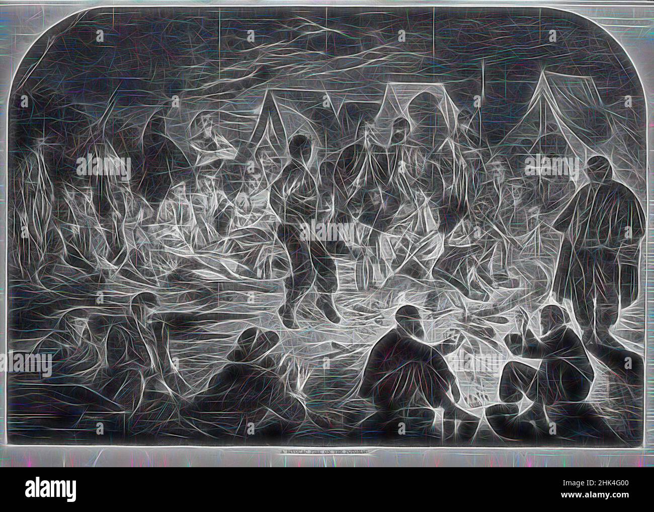 Inspiriert von Einem Biwakfeuer auf dem Potomac, Winslow Homer, Amerikaner, 1836-1910, Holzstich, 1861, Bild: 13 7/8 x 20 1/4 Zoll, 35,2 x 51,4 cm, neu gestaltet von Artotop. Klassische Kunst neu erfunden mit einem modernen Twist. Design von warmen fröhlichen Leuchten der Helligkeit und Lichtstrahl Strahlkraft. Fotografie inspiriert von Surrealismus und Futurismus, umarmt dynamische Energie der modernen Technologie, Bewegung, Geschwindigkeit und Kultur zu revolutionieren Stockfoto