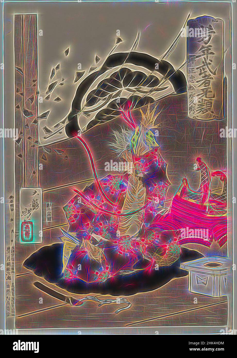 Inspiriert von Mensunaga Hisahide About to Commit Suicide, aus der Serie 'Yoshitoshi's Courageous Warriors', Tsukioka Yoshitoshi, 1839-1892, Farbholzschnitt auf Papier, Japan, 1883, Meiji-Zeit, 14 x 9 9/16 Zoll, 35,6 x 24,3 cm, dramatisch, graue Haare, hari kari, Historisch, Geschichte, Ink, Japan, neu erfunden von Artotop. Klassische Kunst neu erfunden mit einem modernen Twist. Design von warmen fröhlichen Leuchten der Helligkeit und Lichtstrahl Strahlkraft. Fotografie inspiriert von Surrealismus und Futurismus, umarmt dynamische Energie der modernen Technologie, Bewegung, Geschwindigkeit und Kultur zu revolutionieren Stockfoto