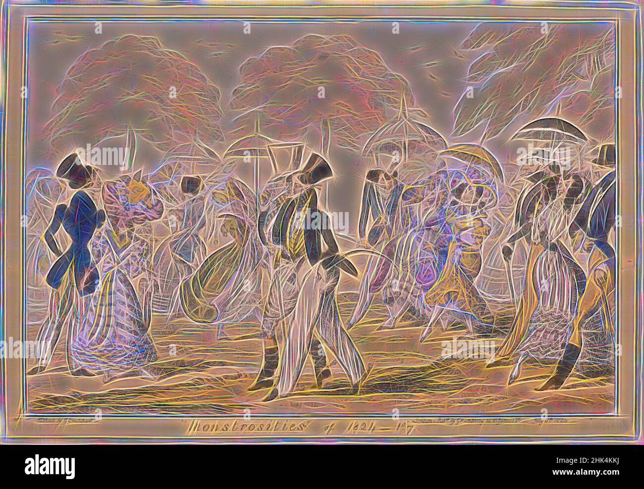 Inspiriert von den Monstrositäten von 1824, George Cruikshank, British, 1792-1878, Etching, Handfarbig auf Webe-Papier, 1824, 10 5/16 x 14 7/8 Zoll, 26,2 x 37,8 cm, neu erfunden von Artotop. Klassische Kunst neu erfunden mit einem modernen Twist. Design von warmen fröhlichen Leuchten der Helligkeit und Lichtstrahl Strahlkraft. Fotografie inspiriert von Surrealismus und Futurismus, umarmt dynamische Energie der modernen Technologie, Bewegung, Geschwindigkeit und Kultur zu revolutionieren Stockfoto
