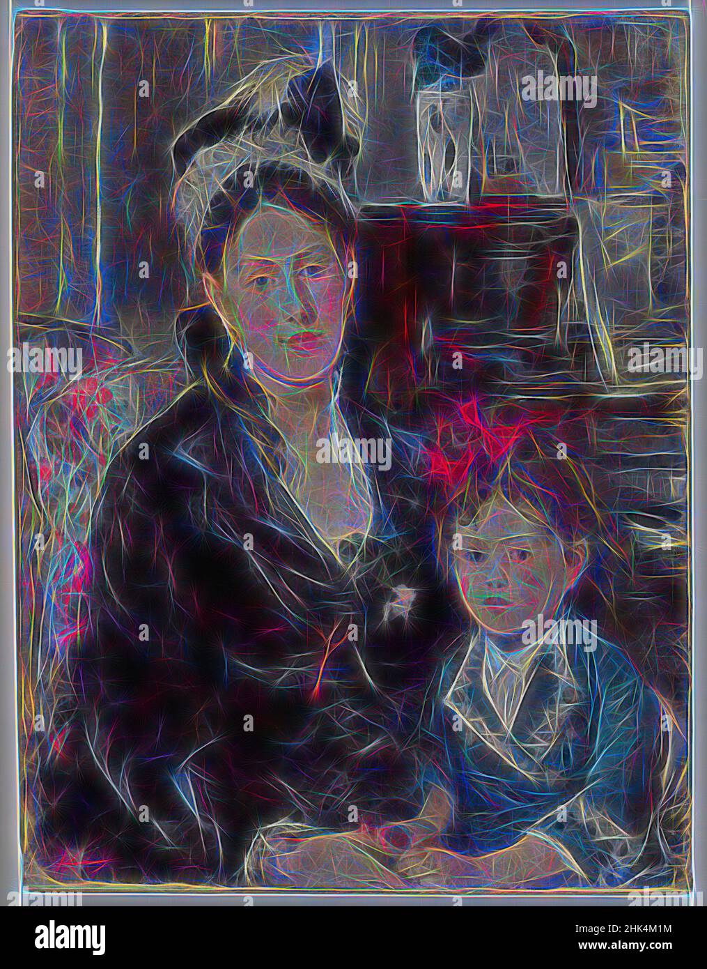 Inspiriert von Portrait of Mme Boursier and her Daughter, Portrait de Mme Boursier et de sa fille, Berthe Morisot, French, 1841-1895, Öl auf Leinwand, Frankreich, ca. 1873, 29 5/16 x 22 3/8 Zoll, 74,5 x 56,8 cm, 19th Jahrhundert, blau, bürgerlich, Bogen, Kind, Ohrringe, europäisch, Federn, weibliche Figur, Figura, neu erfunden von Artotop. Klassische Kunst neu erfunden mit einem modernen Twist. Design von warmen fröhlichen Leuchten der Helligkeit und Lichtstrahl Strahlkraft. Fotografie inspiriert von Surrealismus und Futurismus, umarmt dynamische Energie der modernen Technologie, Bewegung, Geschwindigkeit und Kultur zu revolutionieren Stockfoto