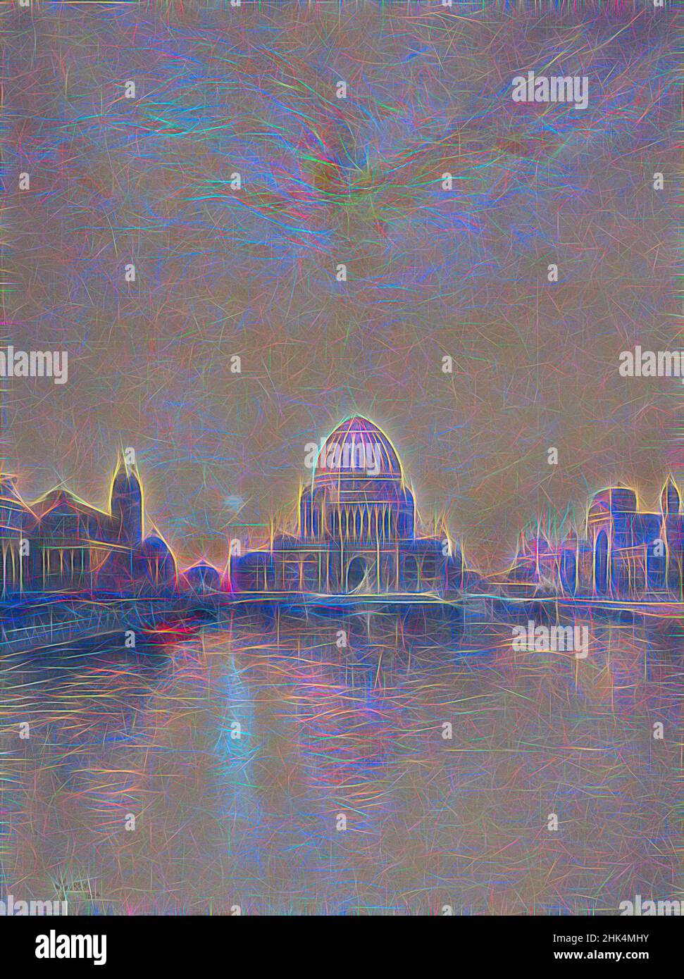 Inspiriert von der Chicago World's Fair, Thomas Moran, Amerikaner, 1837-1926, transparentes Aquarell mit opaken weißen Akzenten und Graphit auf cremefarbenem, mäßig dickem, mäßig strukturiertem, gewelltem Papier, 1894, 29 x 21 9/16 Zoll, 73,7 x 54,8 cm, amerikanisches Aquarell, Gebäude, leuchtend, Reflexionen, Himmel, Wasser, neu erfunden von Artotop. Klassische Kunst neu erfunden mit einem modernen Twist. Design von warmen fröhlichen Leuchten der Helligkeit und Lichtstrahl Strahlkraft. Fotografie inspiriert von Surrealismus und Futurismus, umarmt dynamische Energie der modernen Technologie, Bewegung, Geschwindigkeit und Kultur zu revolutionieren Stockfoto