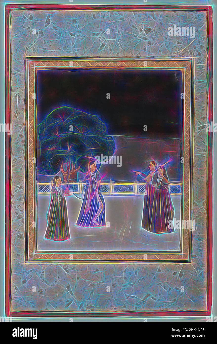 Inspiriert von Miniaturmalerei, opakes Aquarell auf Papier, Indien, Ende 18th-19th Jahrhundert, Mughal, 15 9/16 x 10 1/2 Zoll, 39,5 x 26,6 cm, Balkon, Hof, Tanz, Figuren, Indianer, Instrumente, Damen, Freizeit, Musiker, Terrasse, Performance, Oberklasse, neu gestaltet von Artotop. Klassische Kunst neu erfunden mit einem modernen Twist. Design von warmen fröhlichen Leuchten der Helligkeit und Lichtstrahl Strahlkraft. Fotografie inspiriert von Surrealismus und Futurismus, umarmt dynamische Energie der modernen Technologie, Bewegung, Geschwindigkeit und Kultur zu revolutionieren Stockfoto